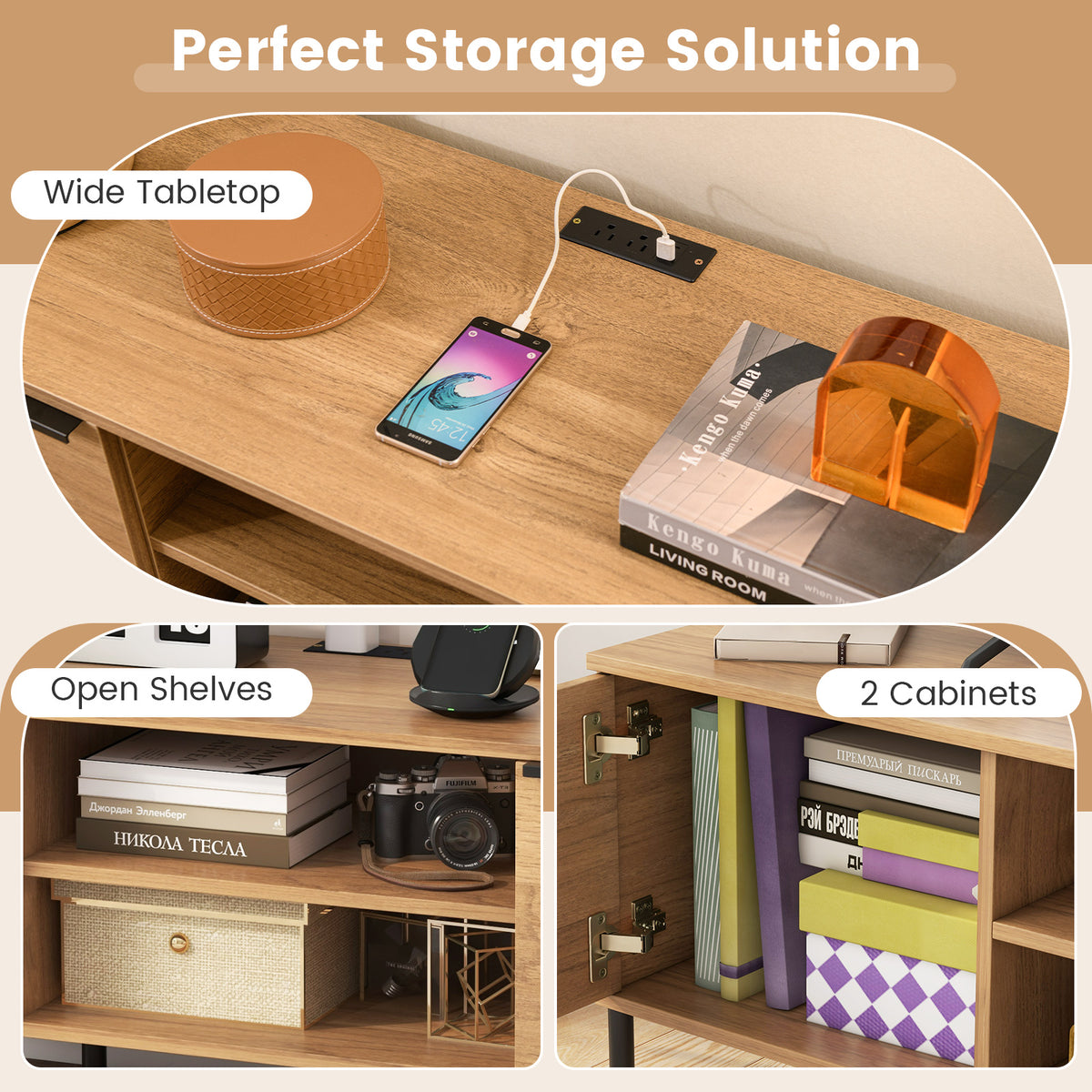 TV Stand with Charging Station and Storage – Up to 65" – Natural
