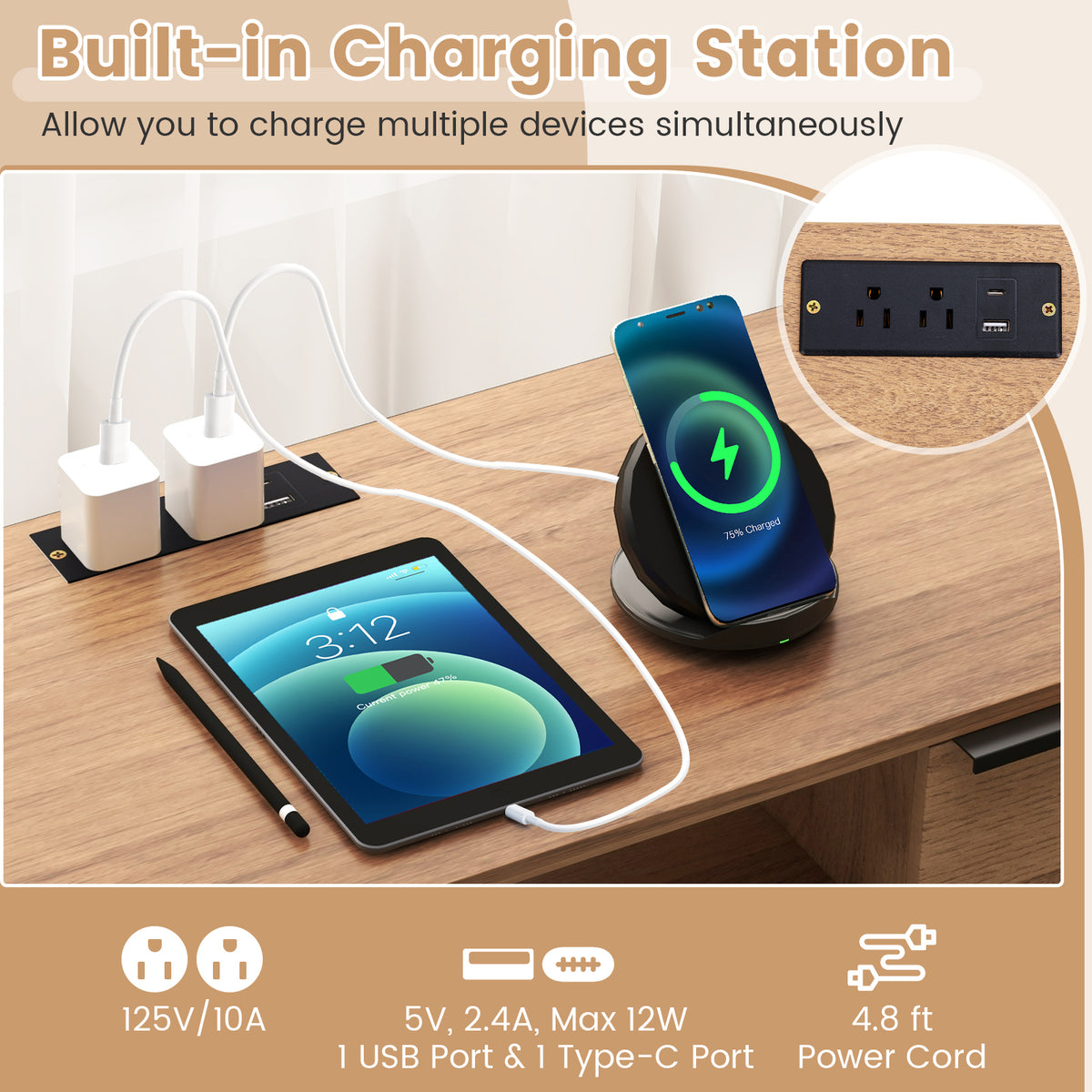 TV Stand with Charging Station and Storage – Up to 65" – Natural