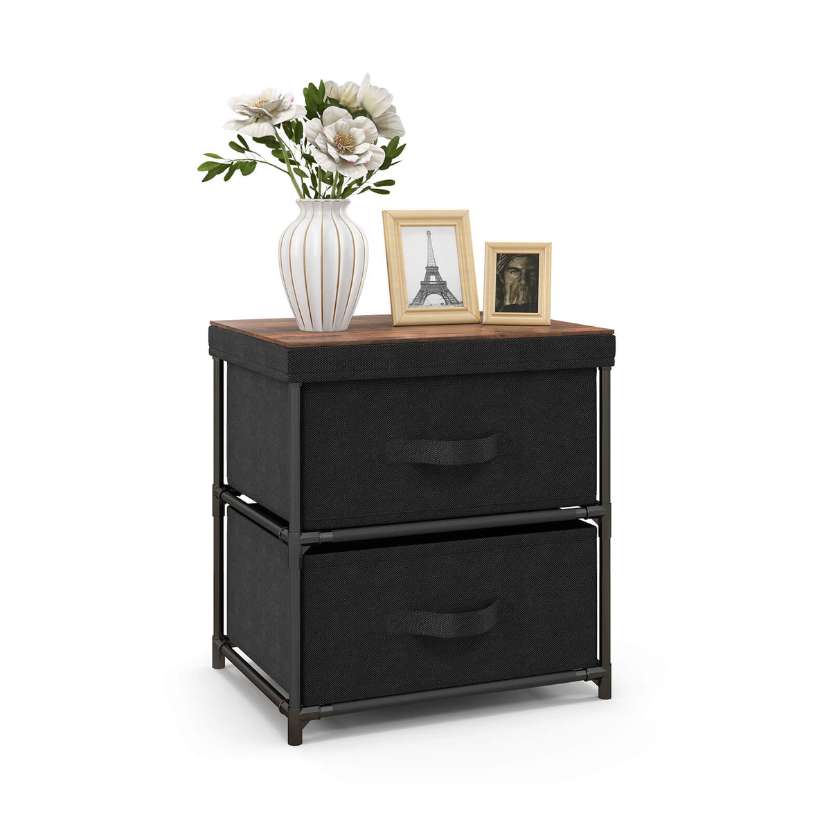 2-Drawer Nightstand with Removable Fabric Bins, Black - Set of 2