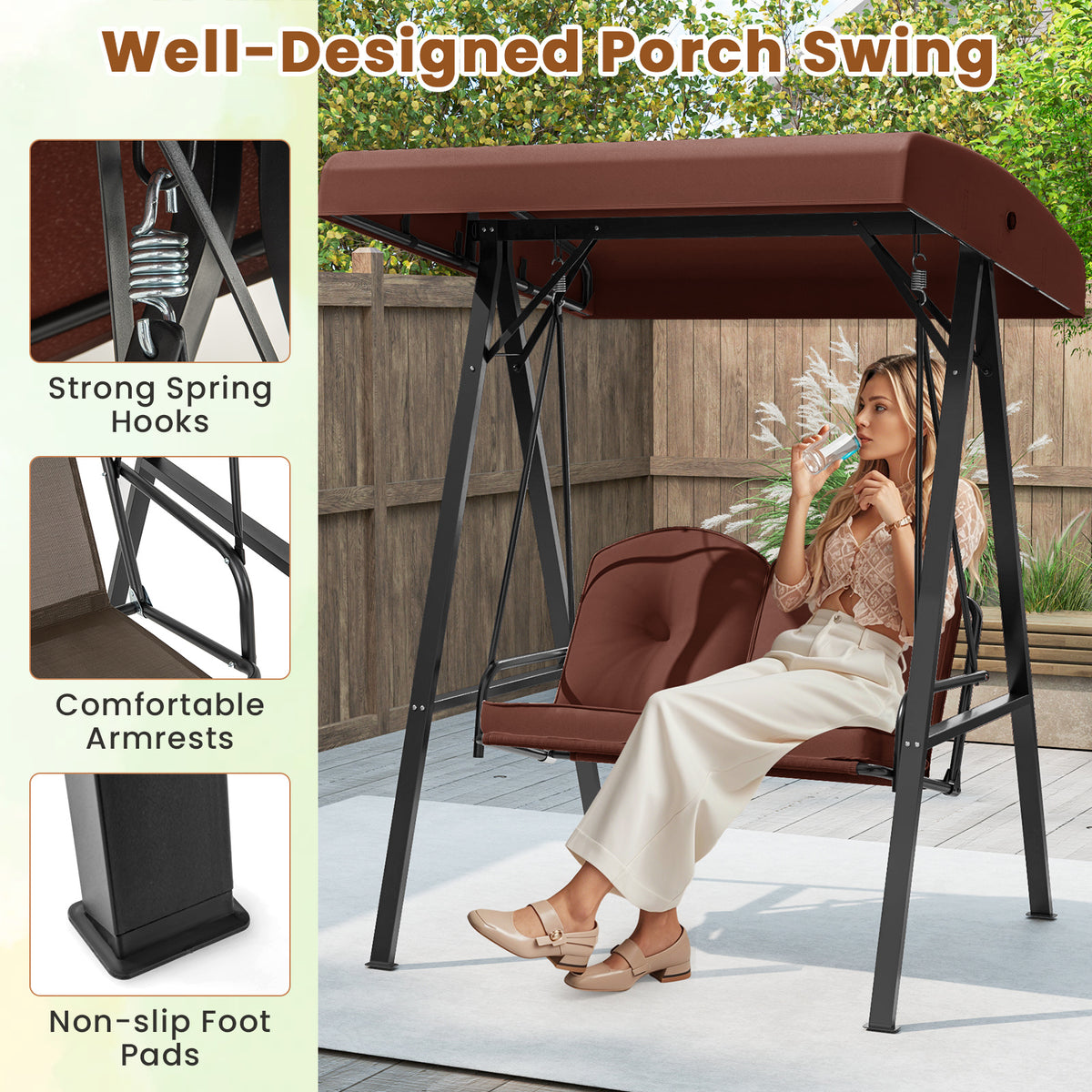 2-Person Porch Swing with Canopy and Stand - 40" x 17", Brown