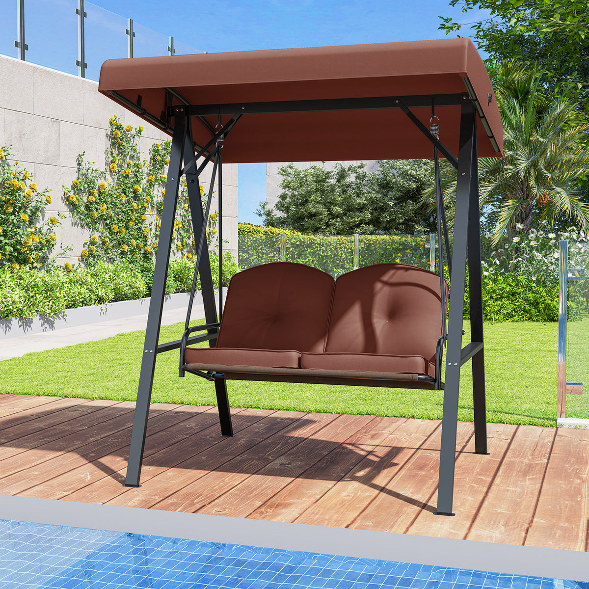 2-Person Porch Swing with Canopy and Stand - 40" x 17", Brown