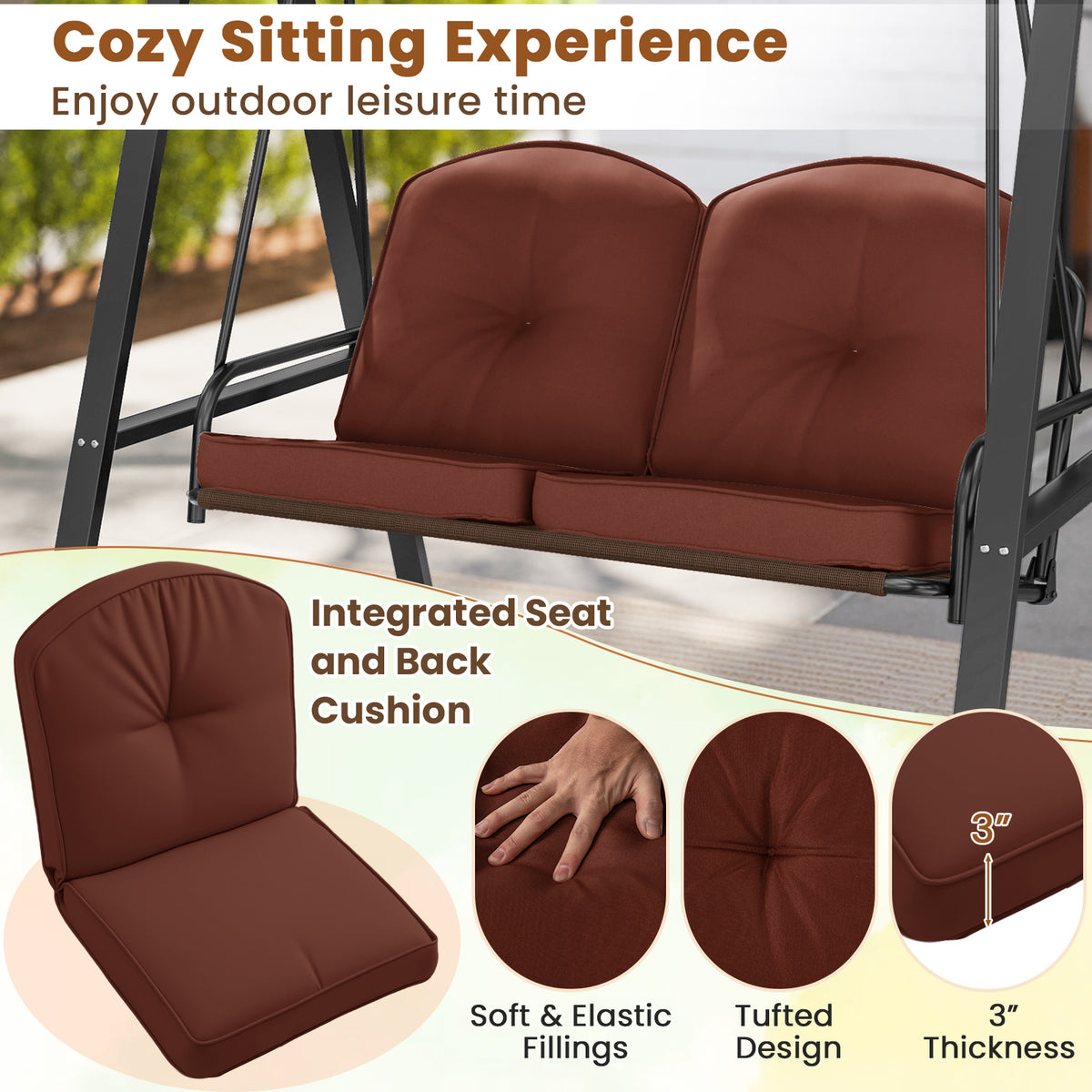 2-Person Porch Swing with Canopy and Stand - 40" x 17", Brown