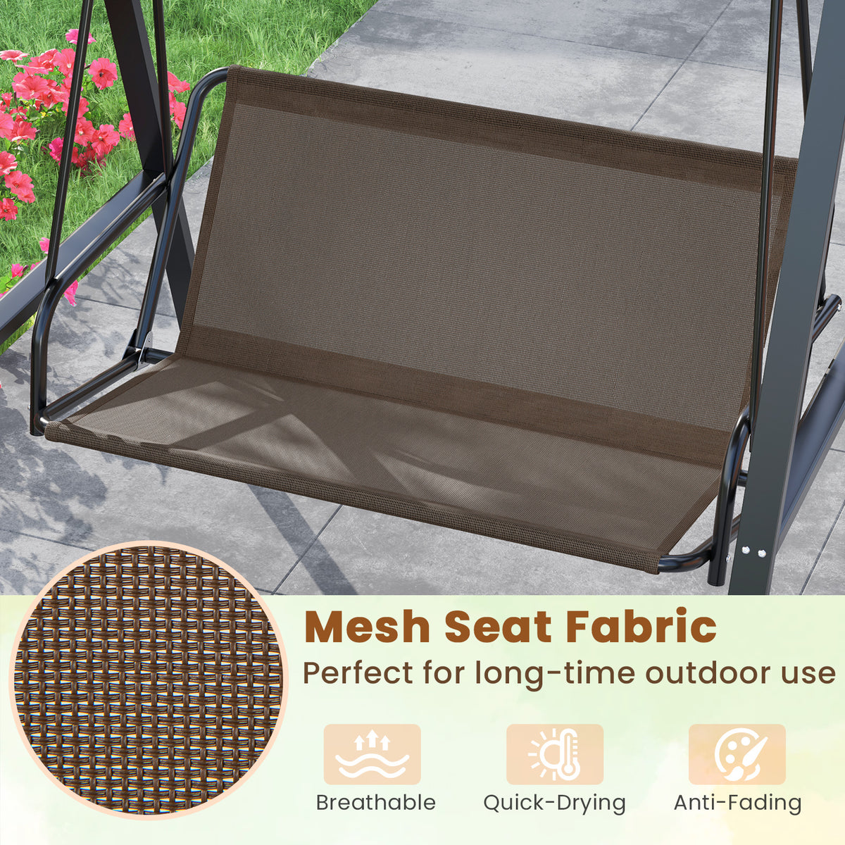 2-Person Porch Swing with Canopy and Stand - 40" x 17", Brown