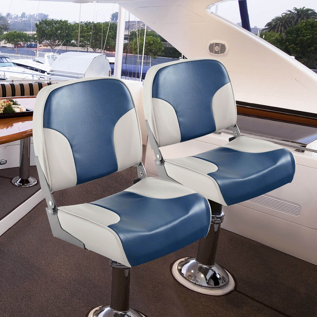 Boat Seat Set of 2 Blue with Sponge Padding & Aluminum Hinges - Low Back Folding