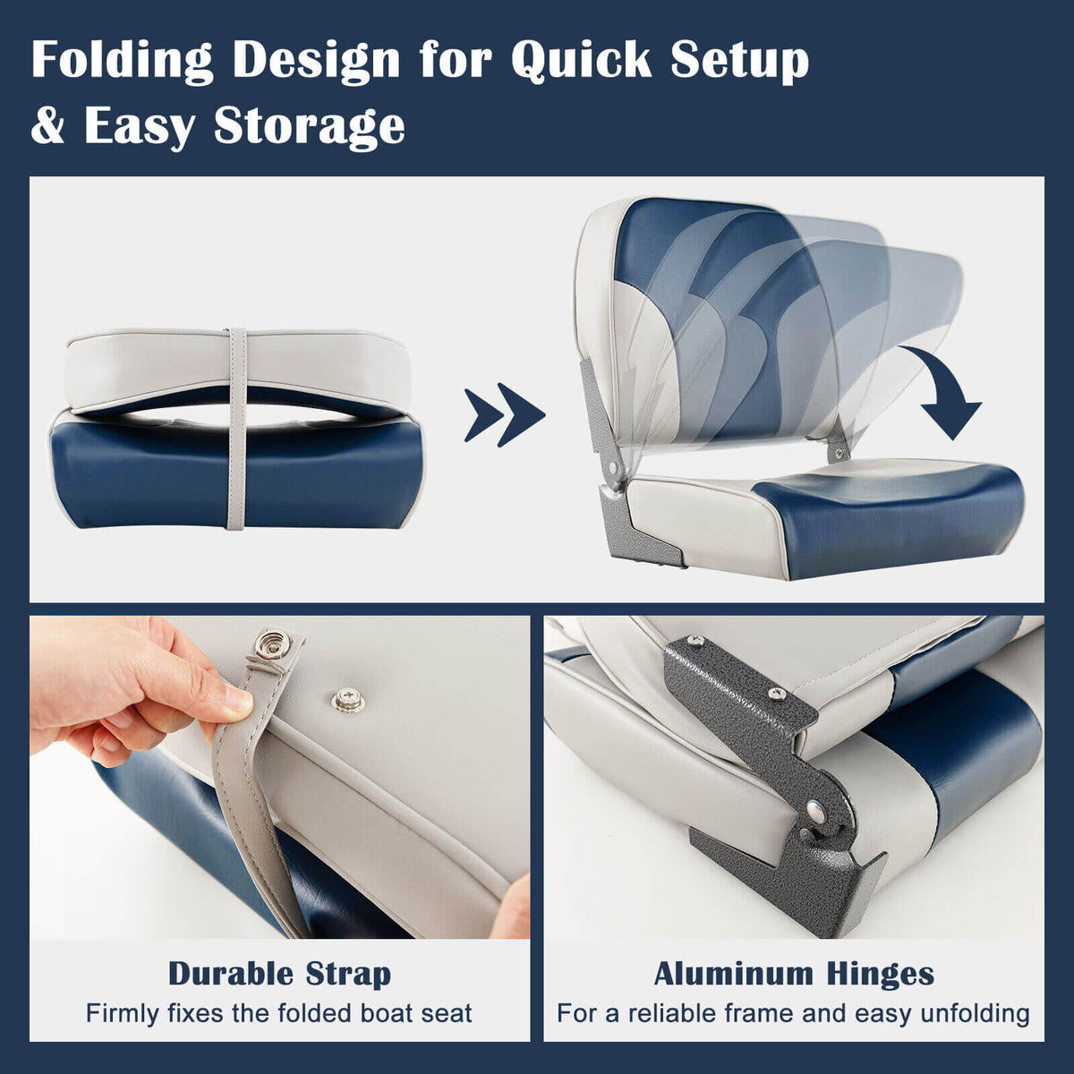 Boat Seat Set of 2 Blue with Sponge Padding & Aluminum Hinges - Low Back Folding