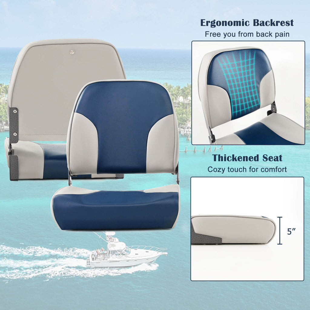 Boat Seat Set of 2 Blue with Sponge Padding & Aluminum Hinges - Low Back Folding