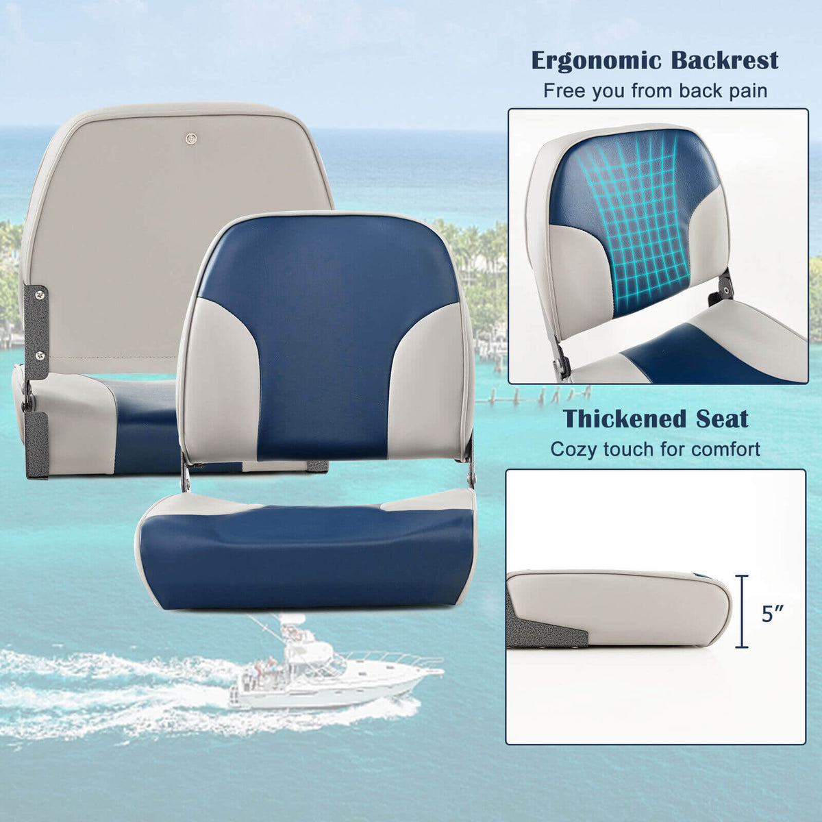 Boat Seat Set of 2 Blue with Sponge Padding & Aluminum Hinges - Low Back Folding