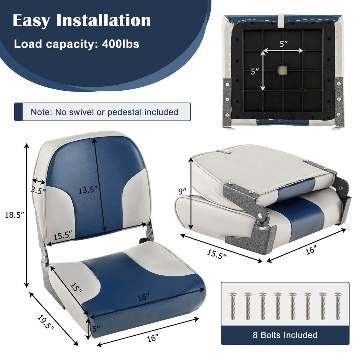 Boat Seat Set of 2 Blue with Sponge Padding & Aluminum Hinges - Low Back Folding