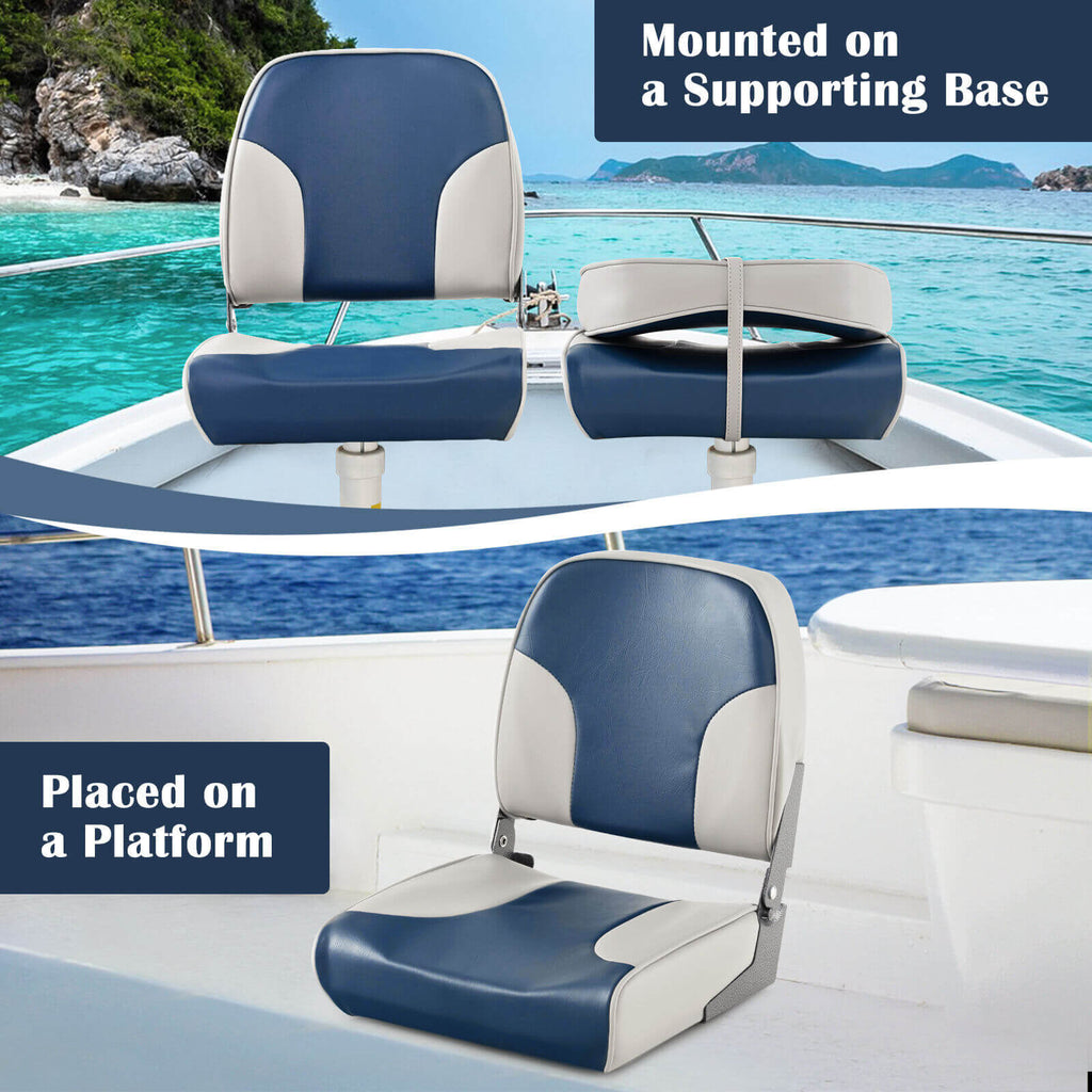 Boat Seat Set of 2 Blue with Sponge Padding & Aluminum Hinges - Low Back Folding