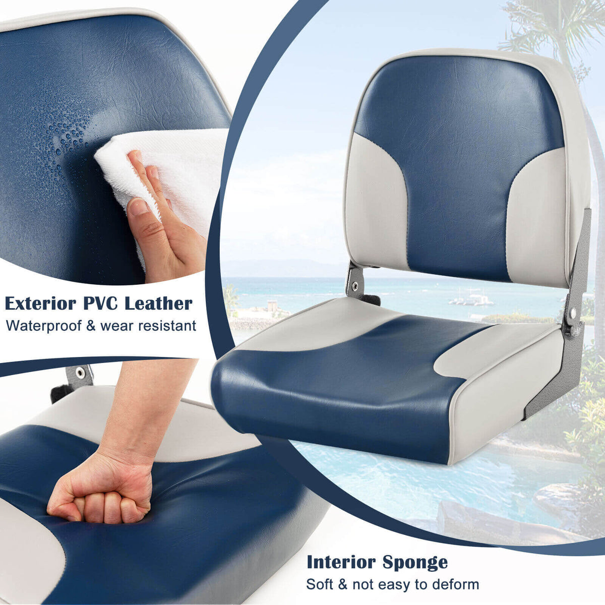 Boat Seat Set of 2 Blue with Sponge Padding & Aluminum Hinges - Low Back Folding