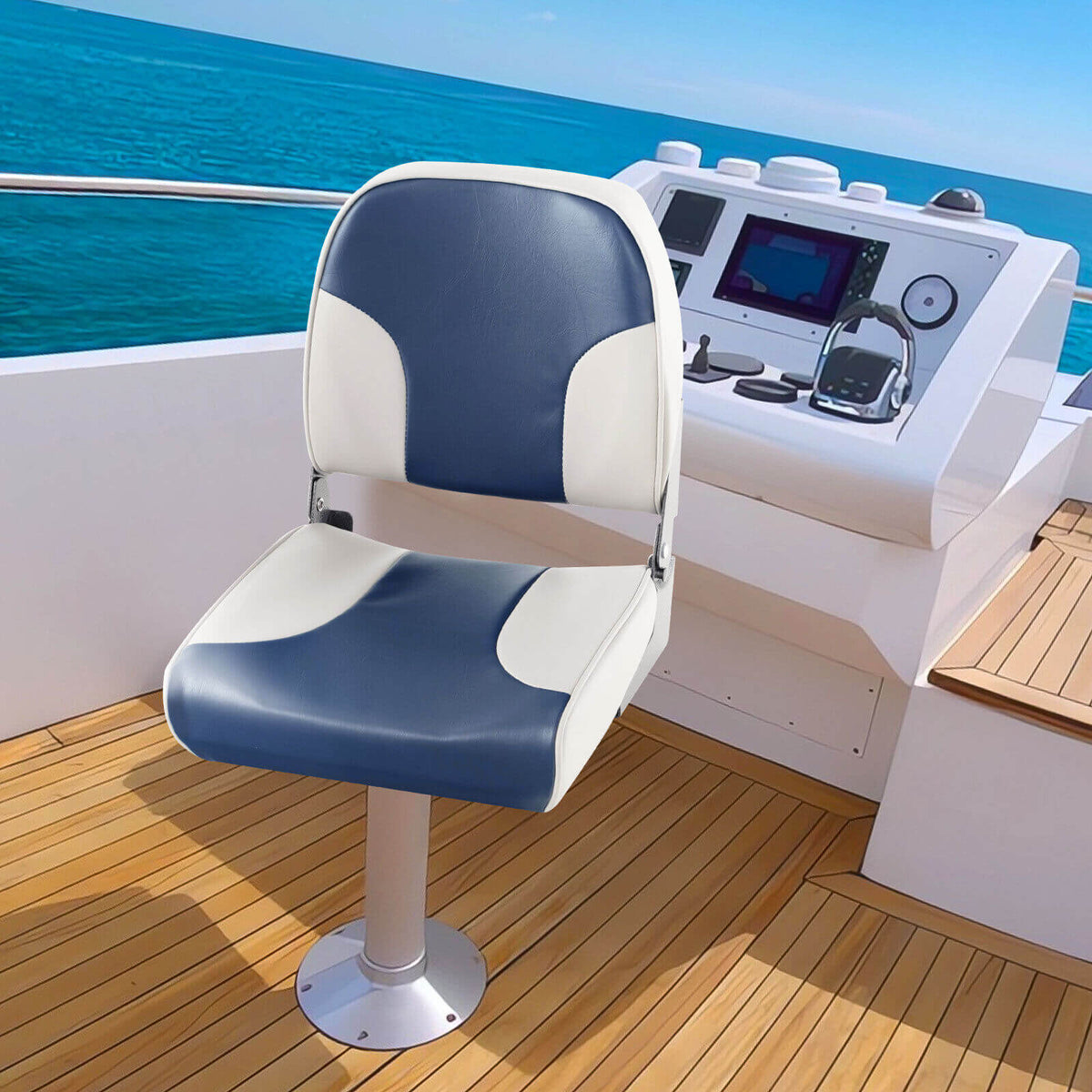 Boat Seat Set of 2 Blue with Sponge Padding & Aluminum Hinges - Low Back Folding
