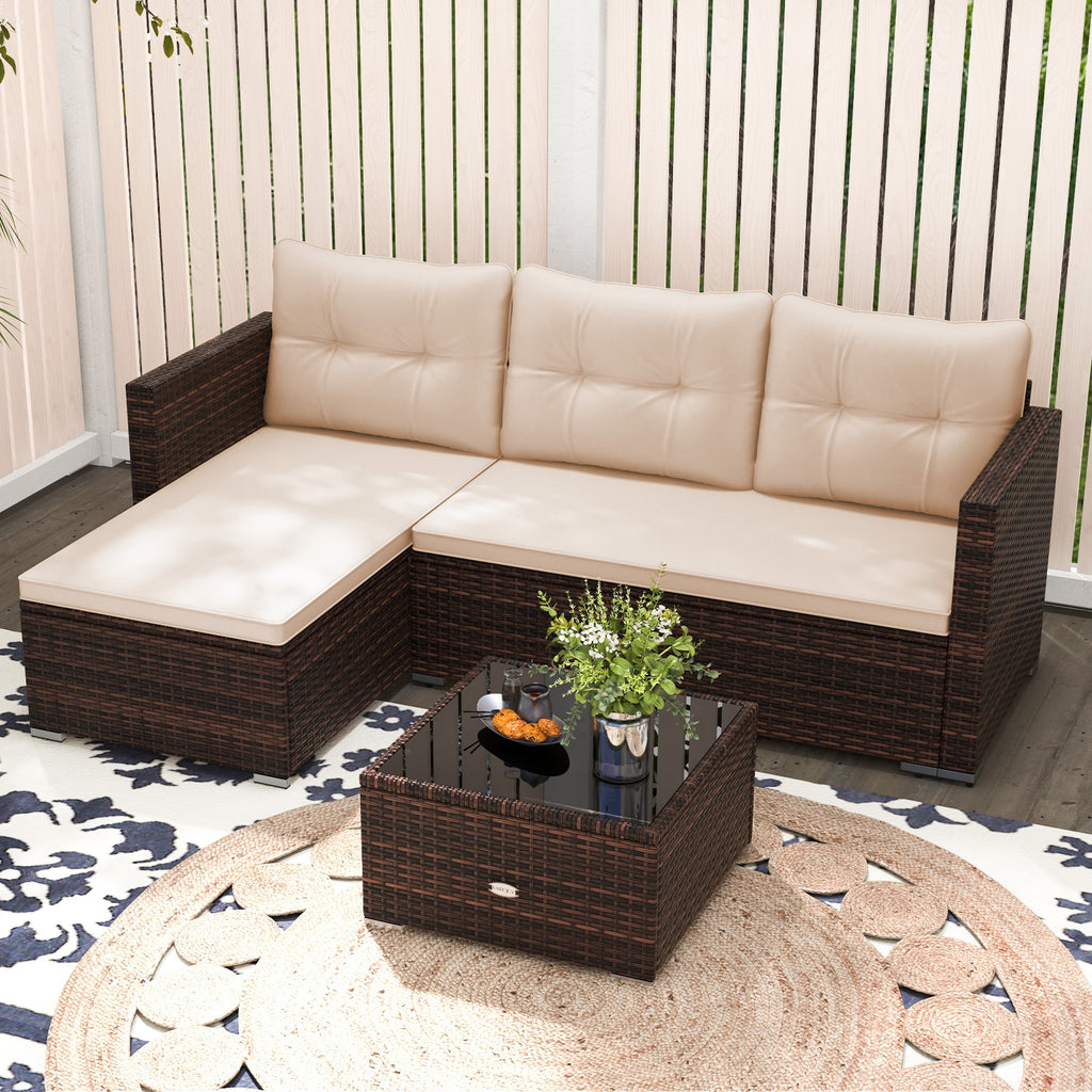 4 Seats Outdoor Wicker Furniture Set with Tempered Glass Coffee Table