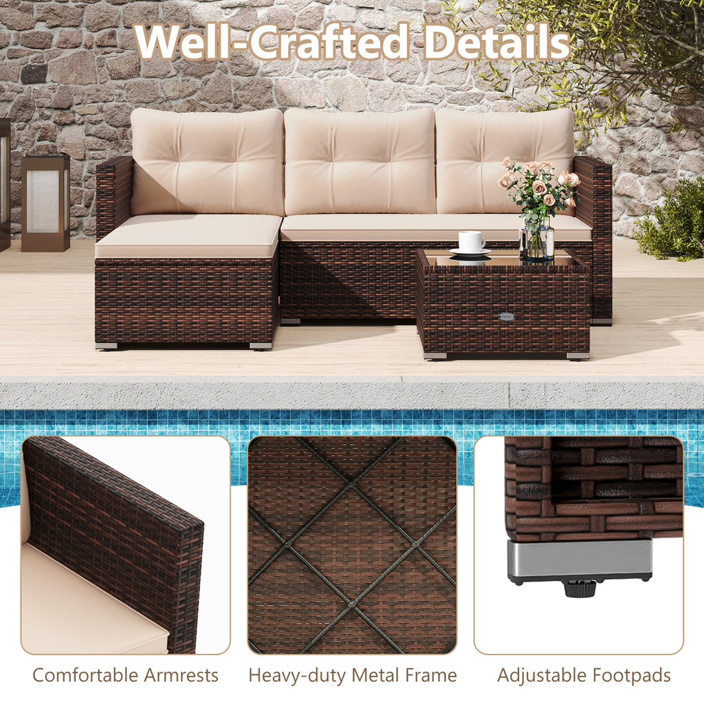 4 Seats Outdoor Wicker Furniture Set with Tempered Glass Coffee Table