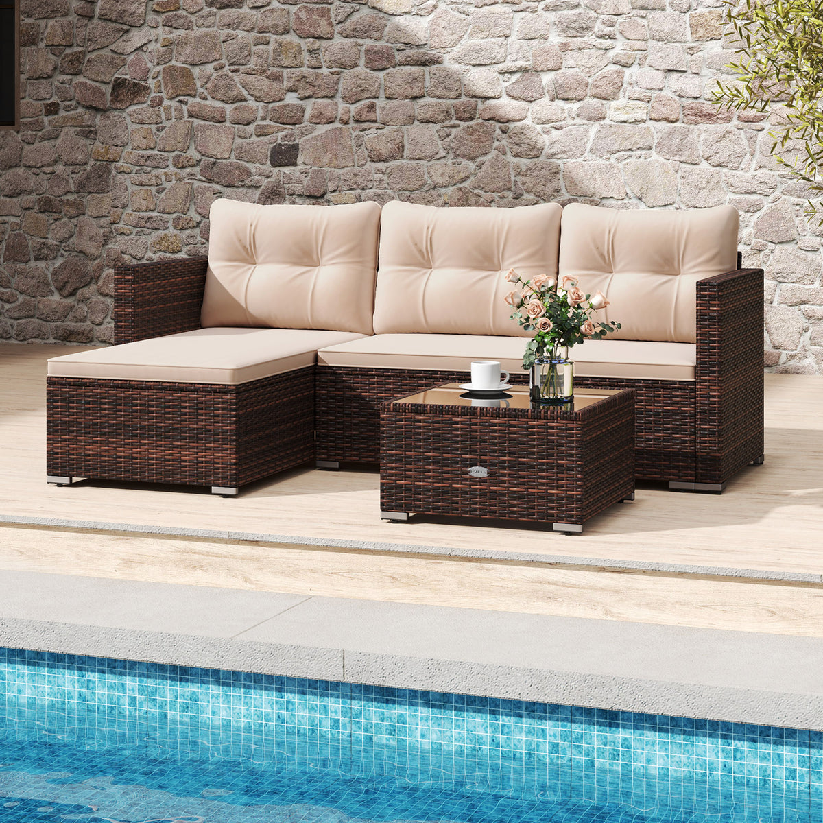 4 Seats Outdoor Wicker Furniture Set with Tempered Glass Coffee Table
