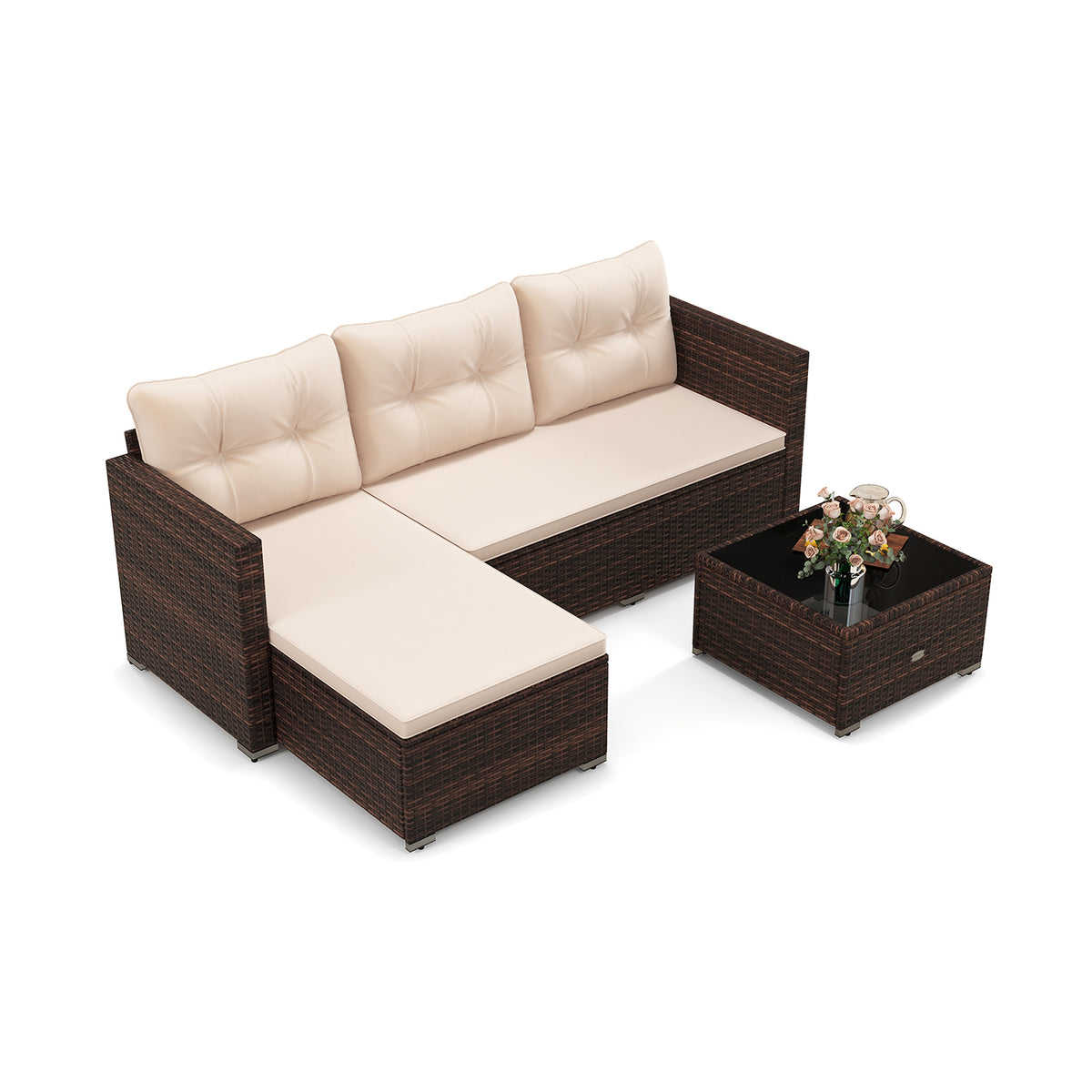 4 Seats Outdoor Wicker Furniture Set with Tempered Glass Coffee Table