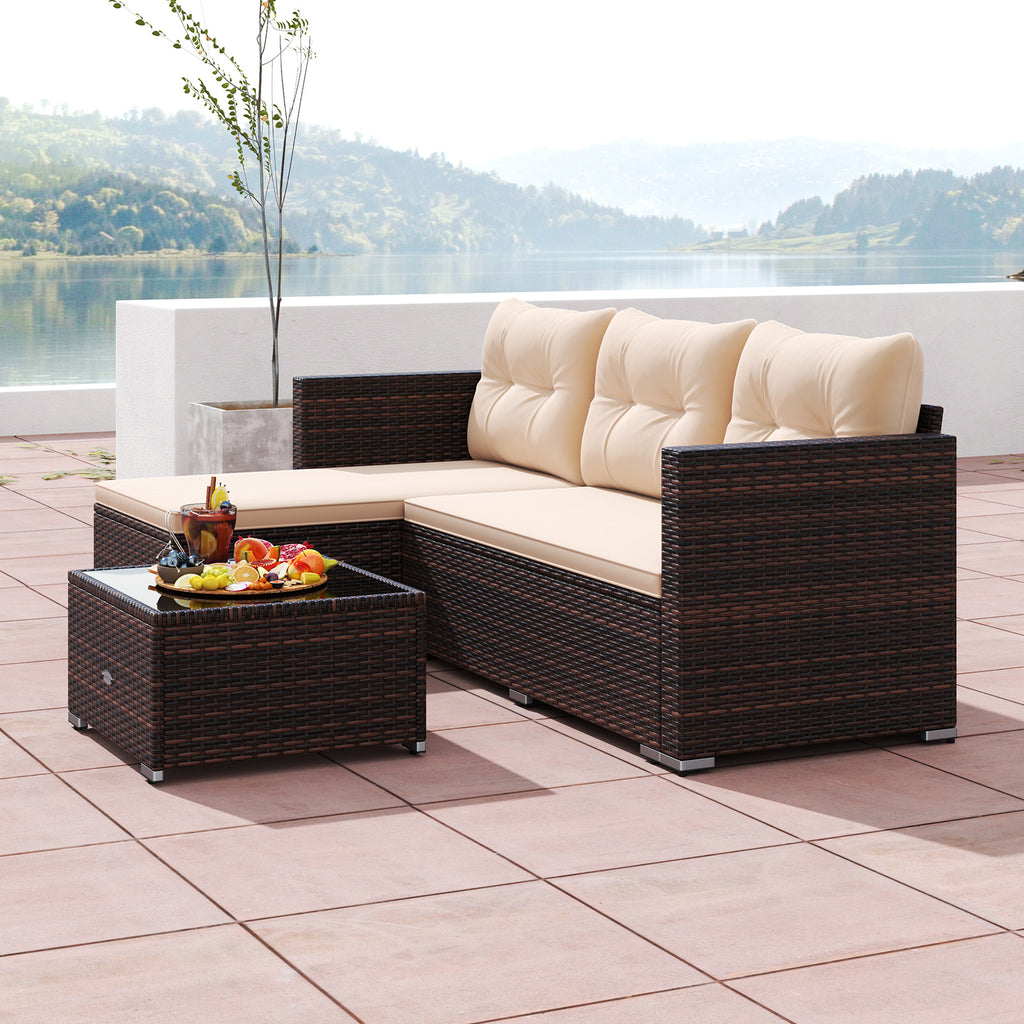 4 Seats Outdoor Wicker Furniture Set with Tempered Glass Coffee Table
