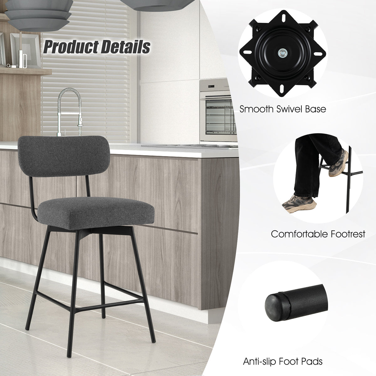 25 Inch Upholstered Bar Stools with Back and Footrests - Gray