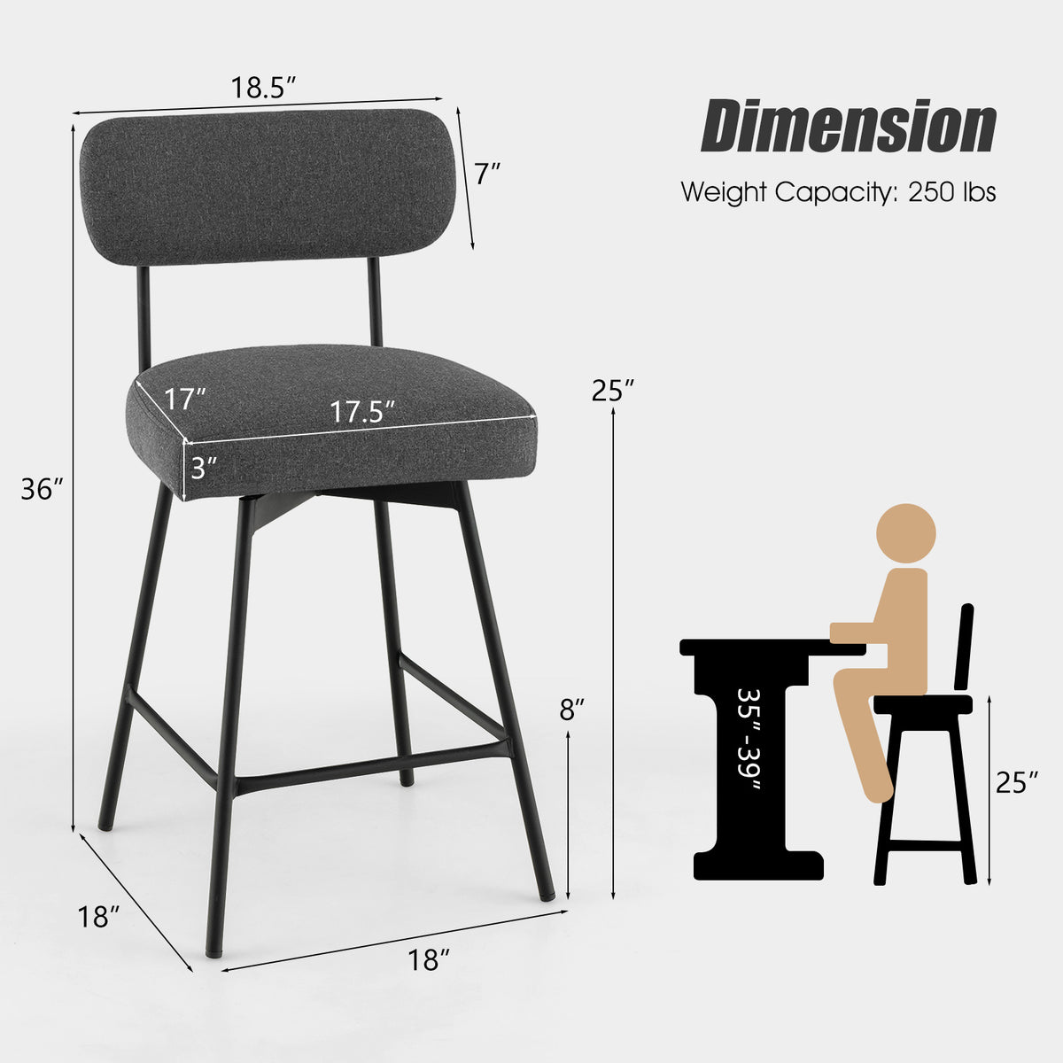 25 Inch Upholstered Bar Stools with Back and Footrests - Gray