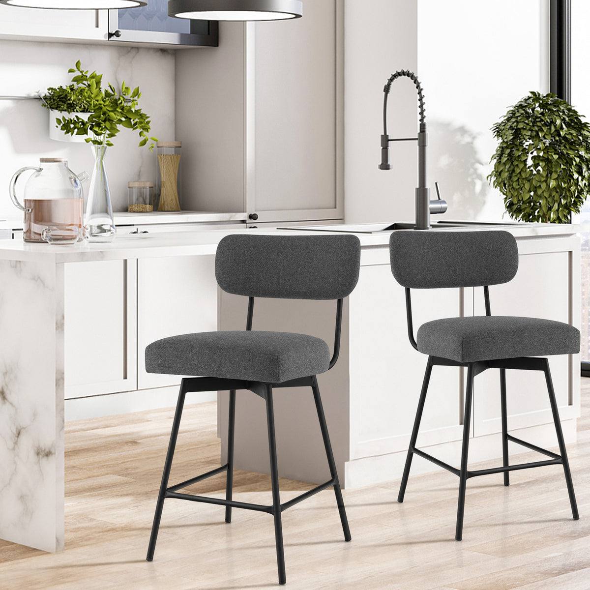 25 Inch Upholstered Bar Stools with Back and Footrests - Gray