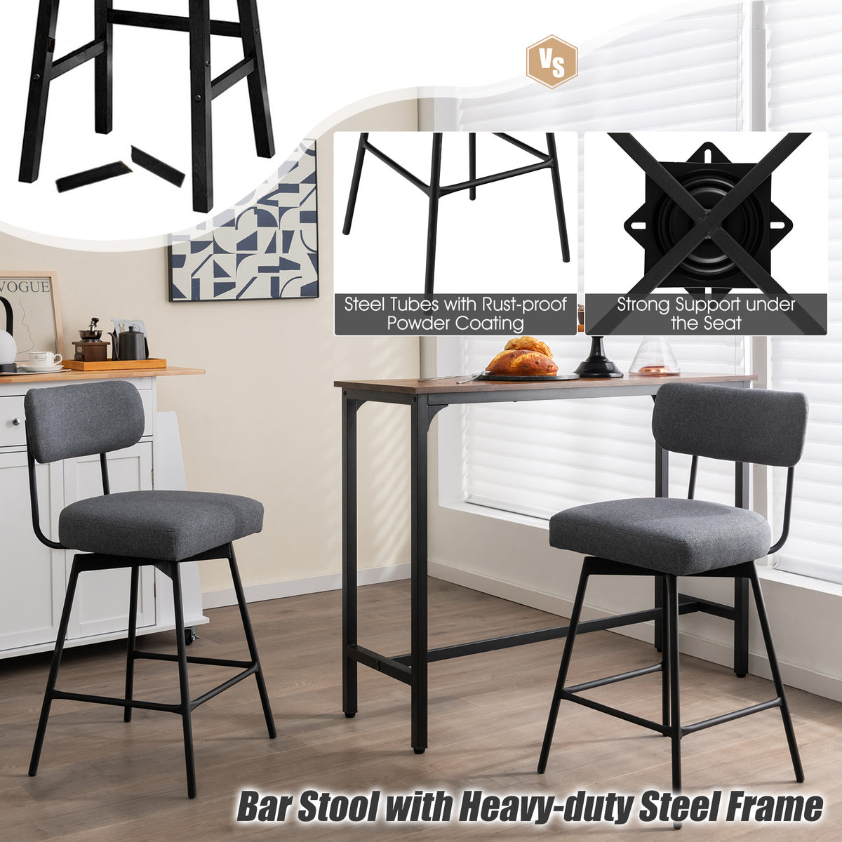 25 Inch Upholstered Bar Stools with Back & Footrests - Gray