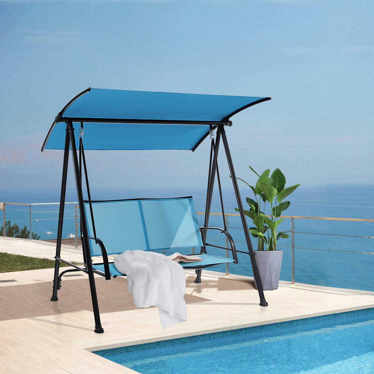 2-Seat Outdoor Canopy Swing with Armrests - 44" x 19", Navy