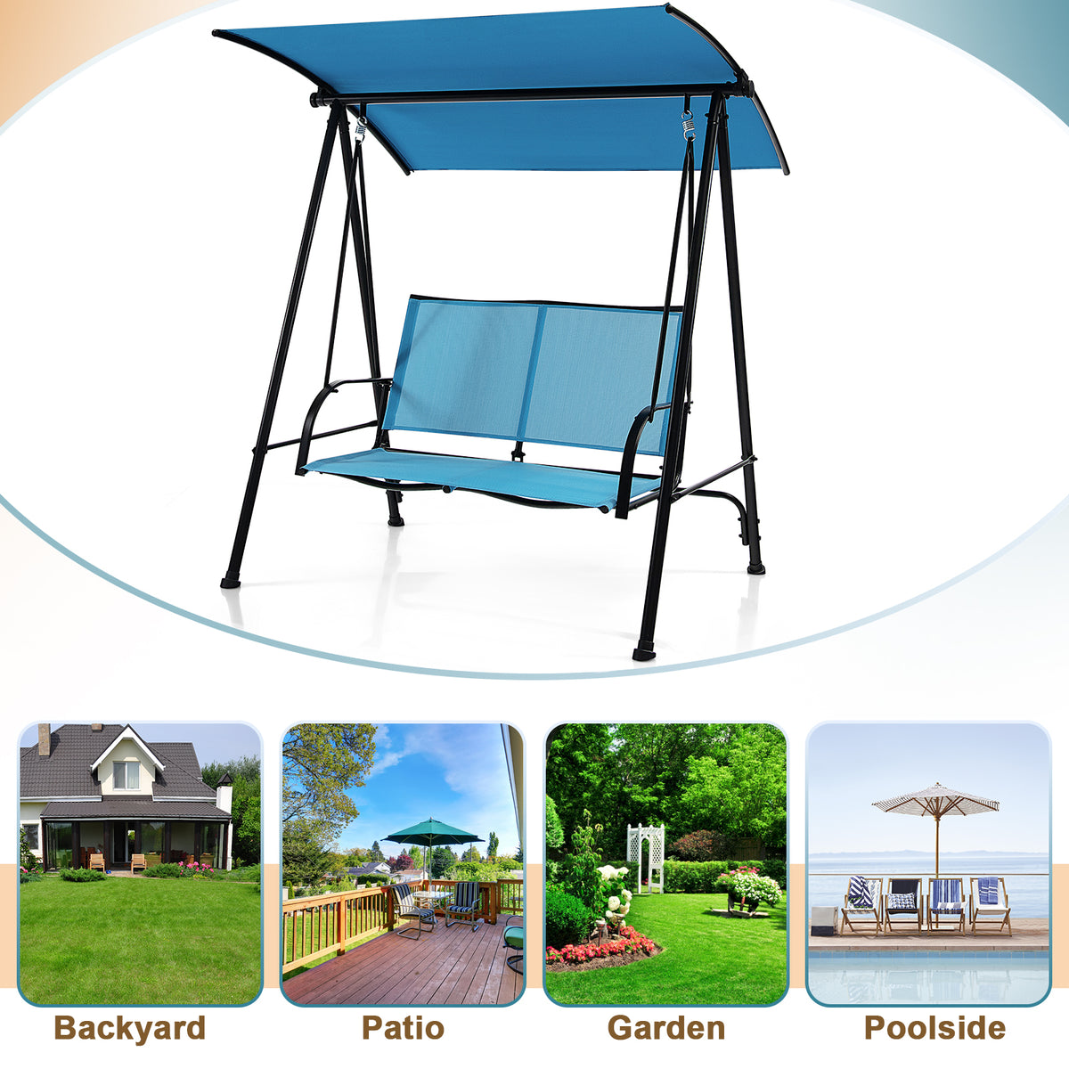 2-Seat Outdoor Canopy Swing with Armrests - 44" x 19", Navy