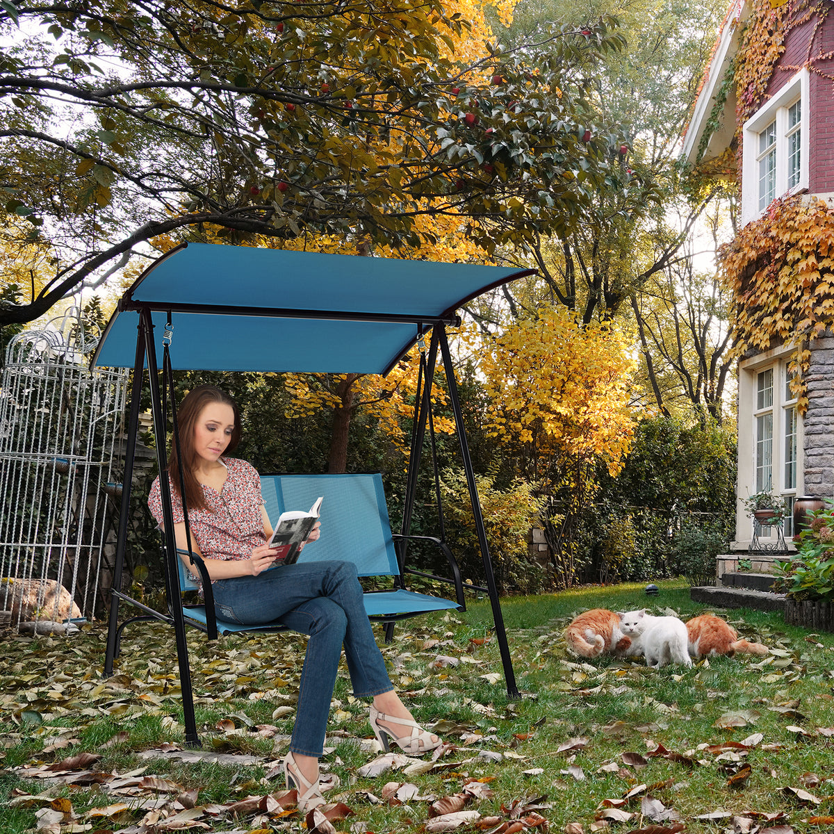 2-Seat Outdoor Canopy Swing with Armrests - 44" x 19", Navy