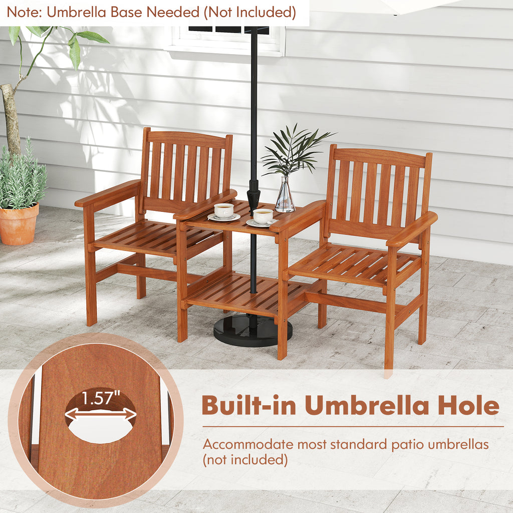 2-Seater Wood Patio Furniture Set with Umbrella Hole