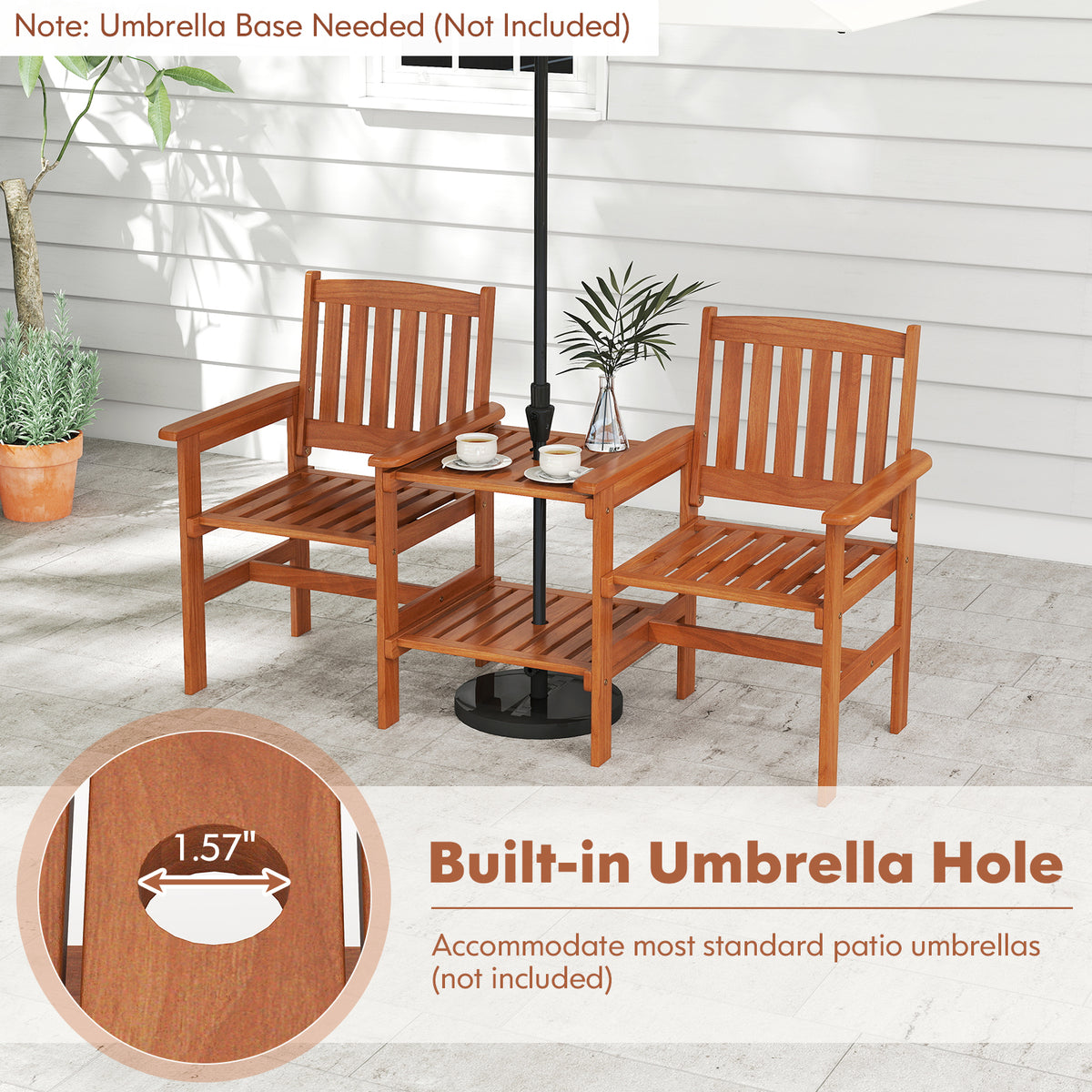 2-Seater Wood Patio Furniture Set with Umbrella Hole