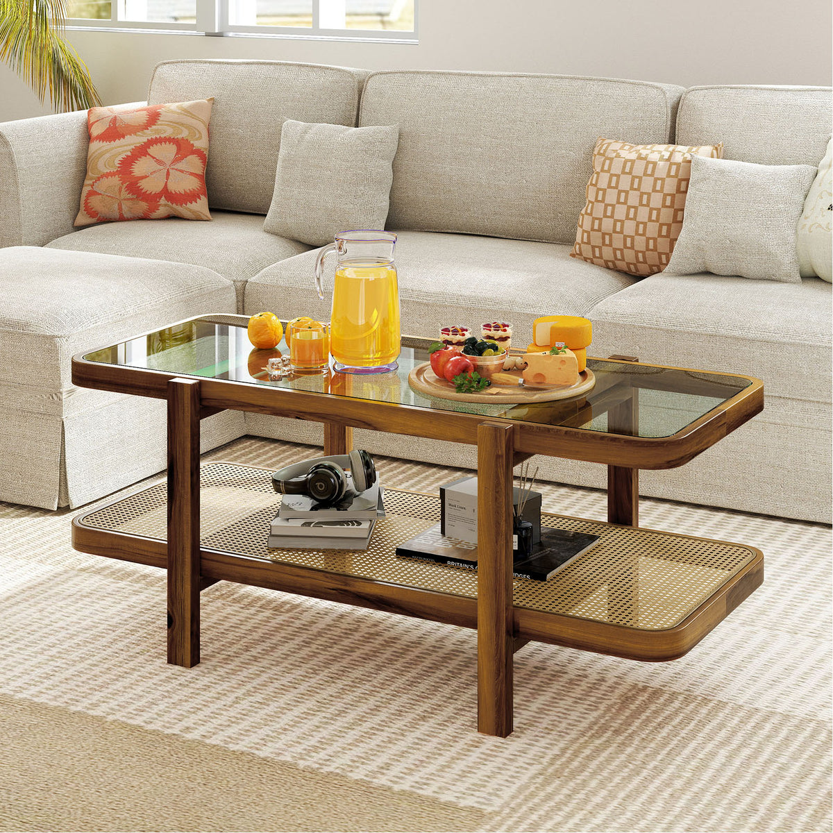 2-Tier Coffee Table with Storage and Tempered Glass Tabletop, Black