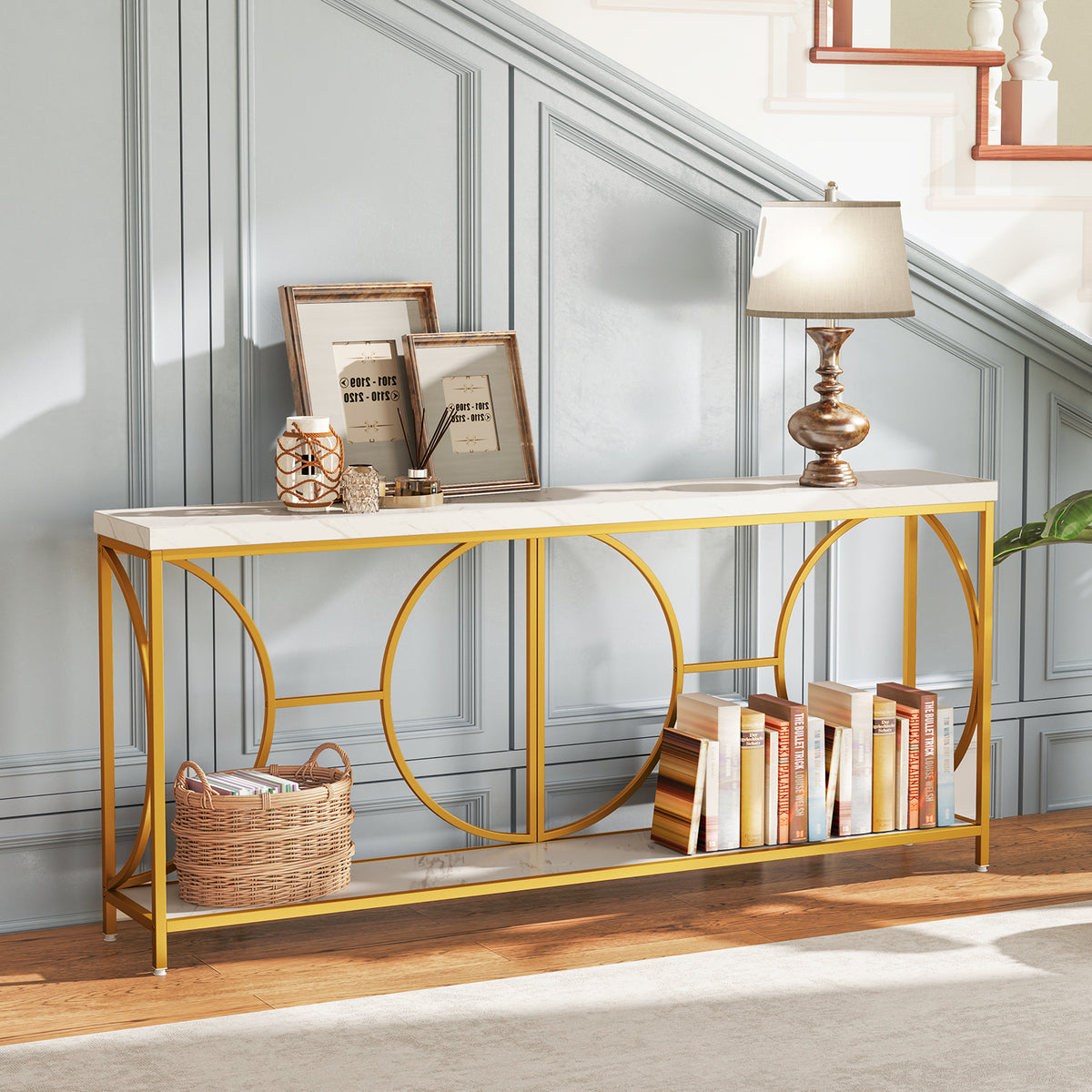2-Tier Console Table with Storage Shelf, White