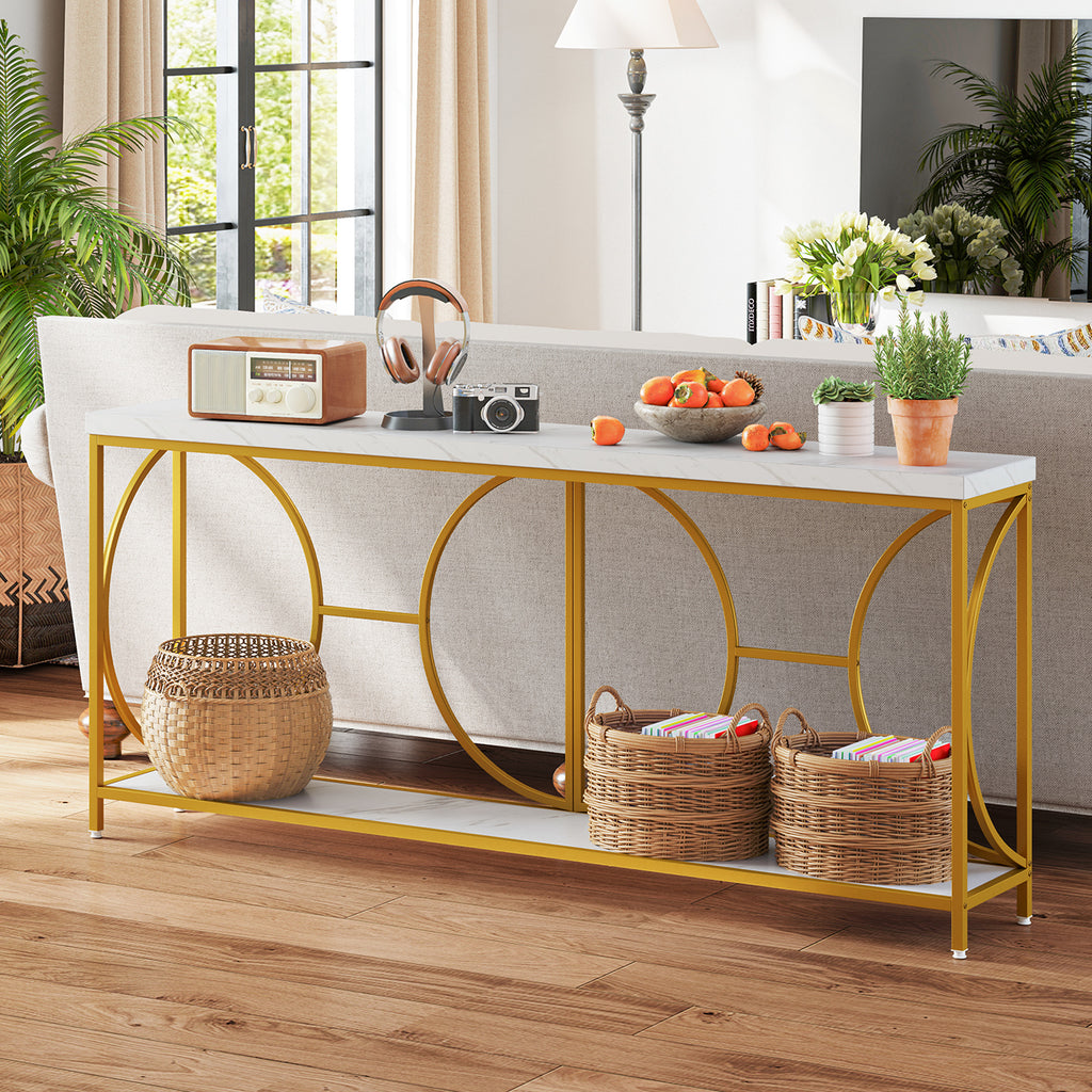 2-Tier Console Table with Storage Shelf, White