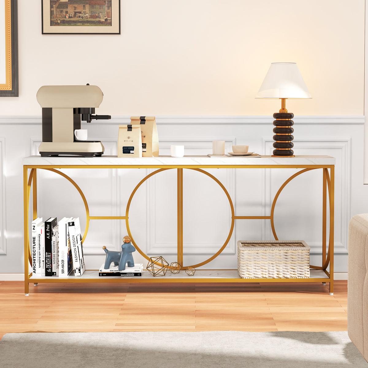 2-Tier Console Table with Storage Shelf, White