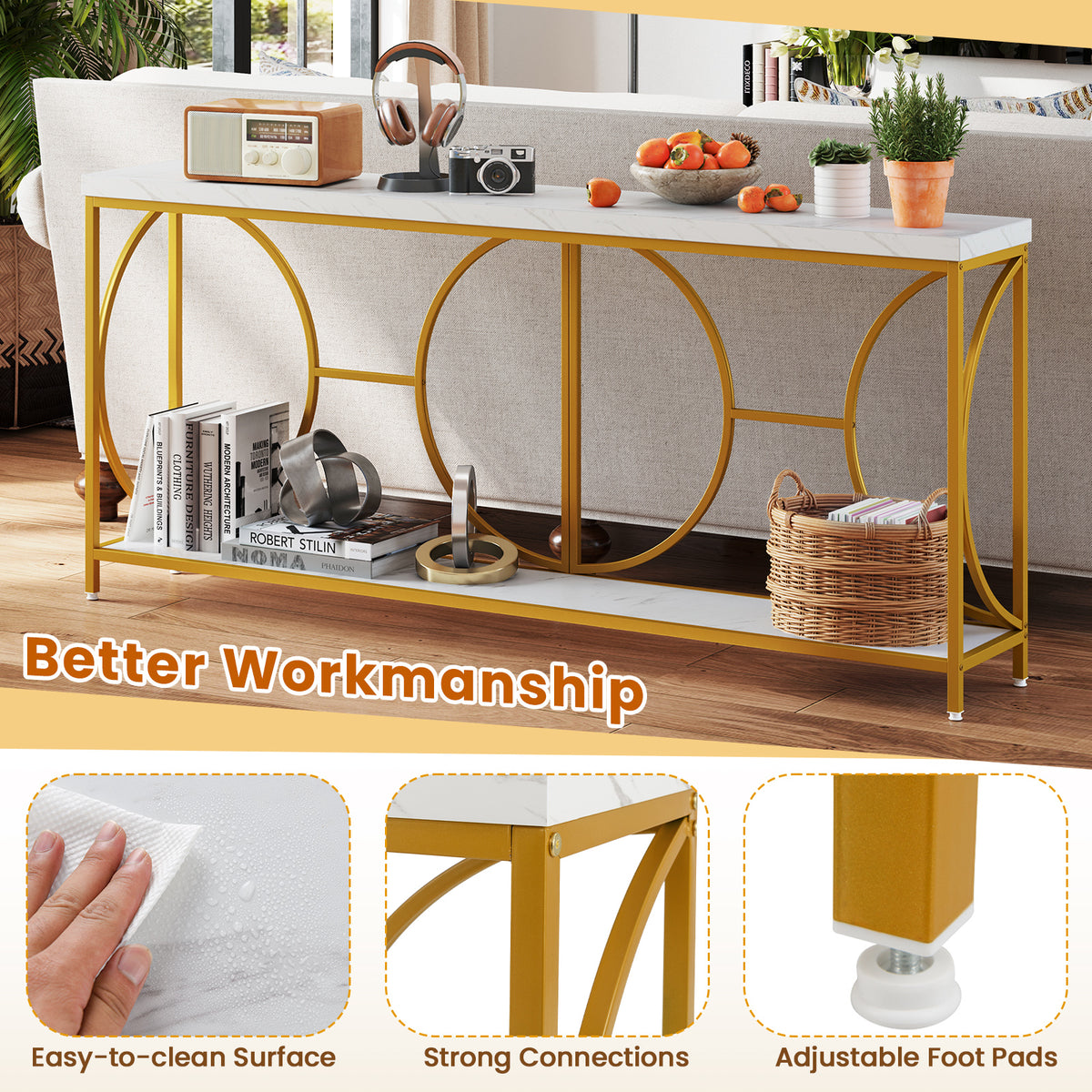 2-Tier Console Table with Storage Shelf, White
