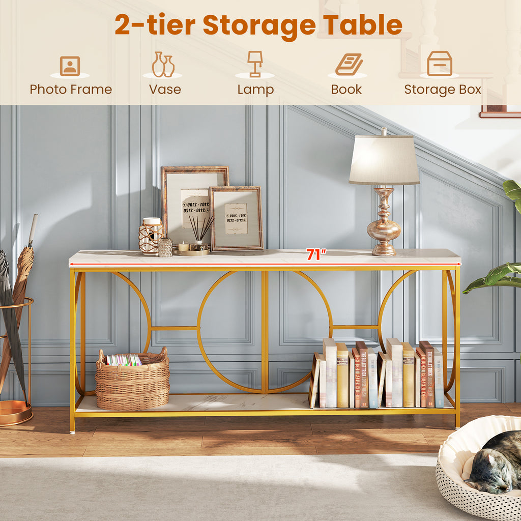 2-Tier Console Table with Storage Shelf, White