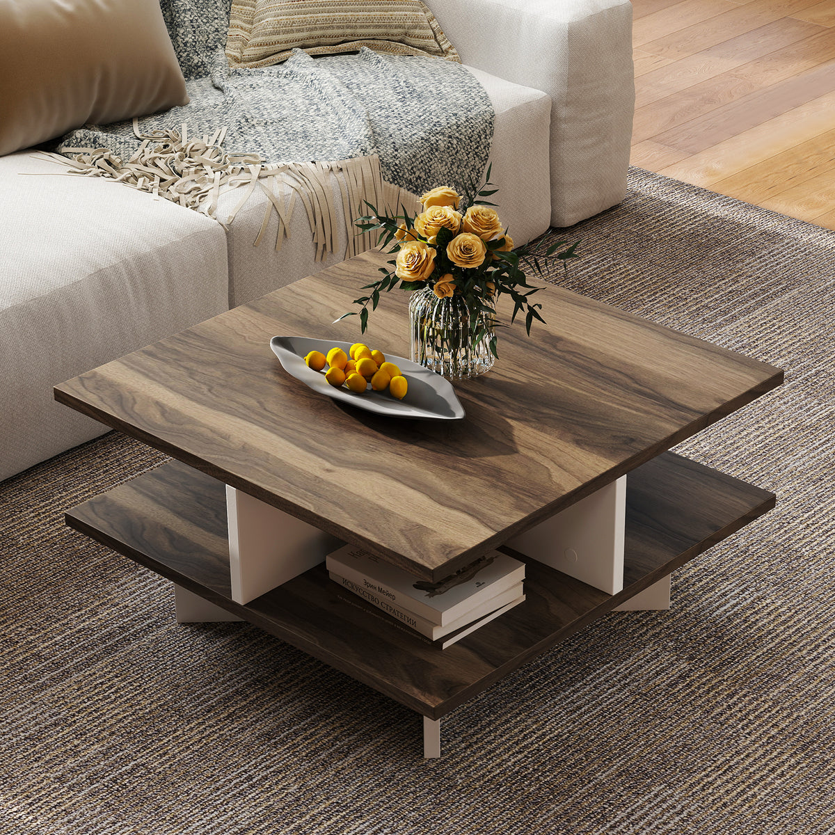 2-Tier Square Coffee Table with 4 Storage Compartments - Walnut