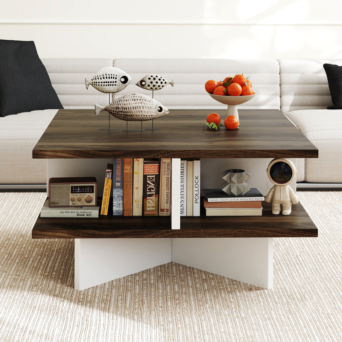 2-Tier Square Coffee Table with 4 Storage Compartments - Walnut