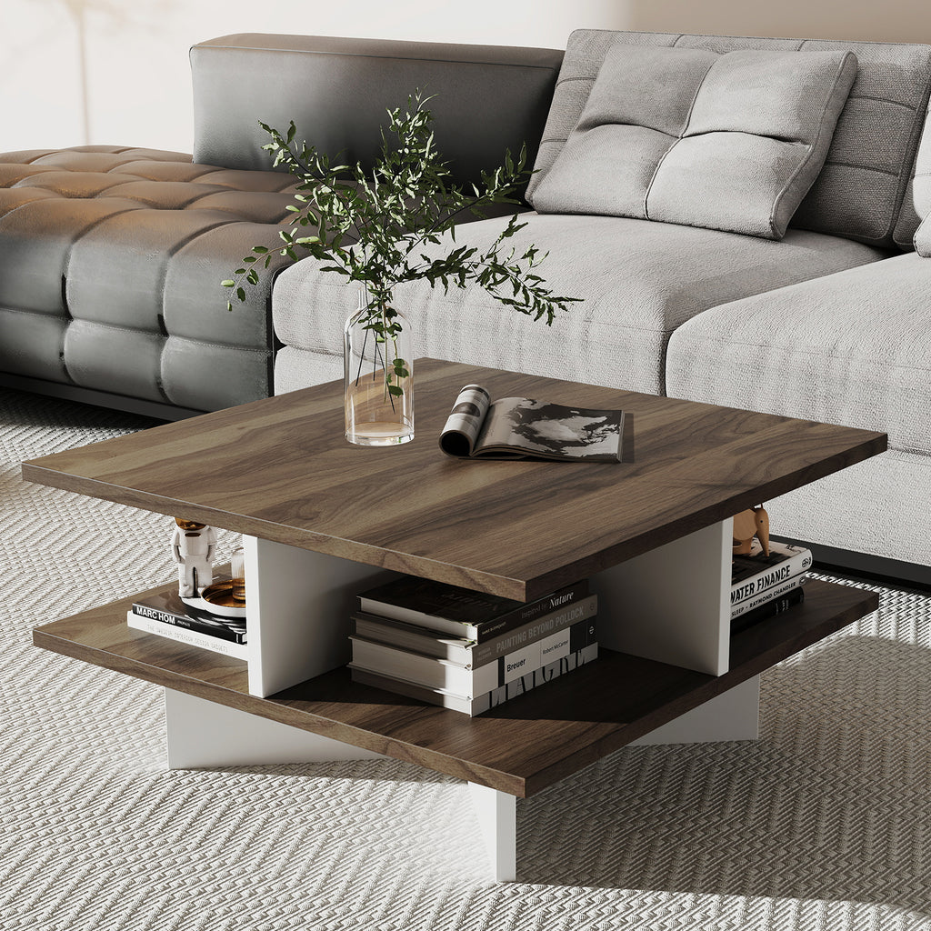 2-Tier Square Coffee Table with 4 Storage Compartments - Walnut