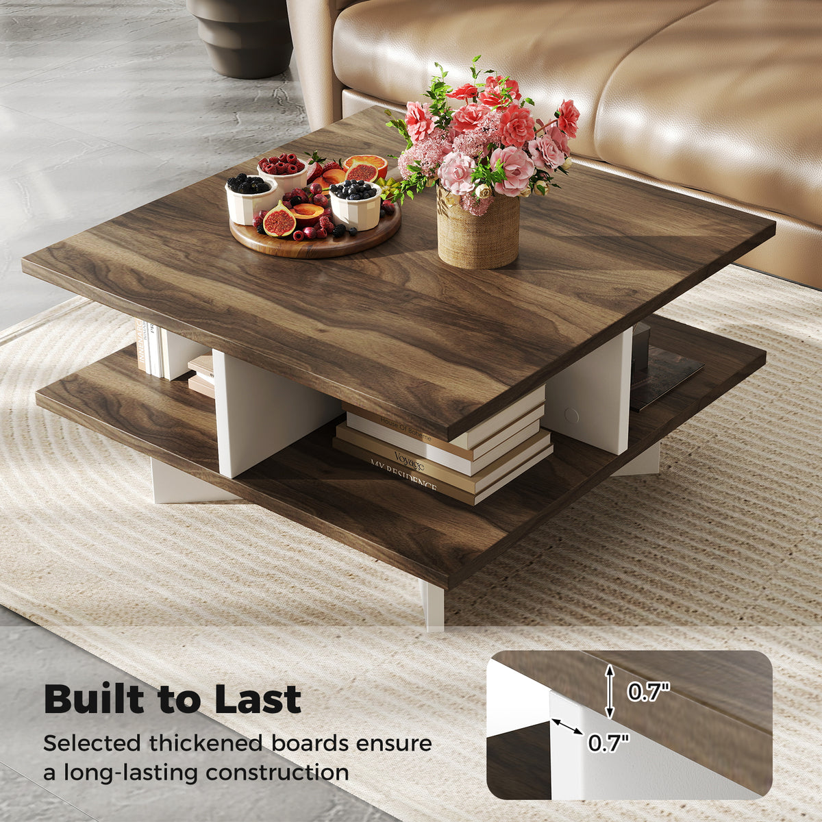 2-Tier Square Coffee Table with 4 Storage Compartments - Walnut