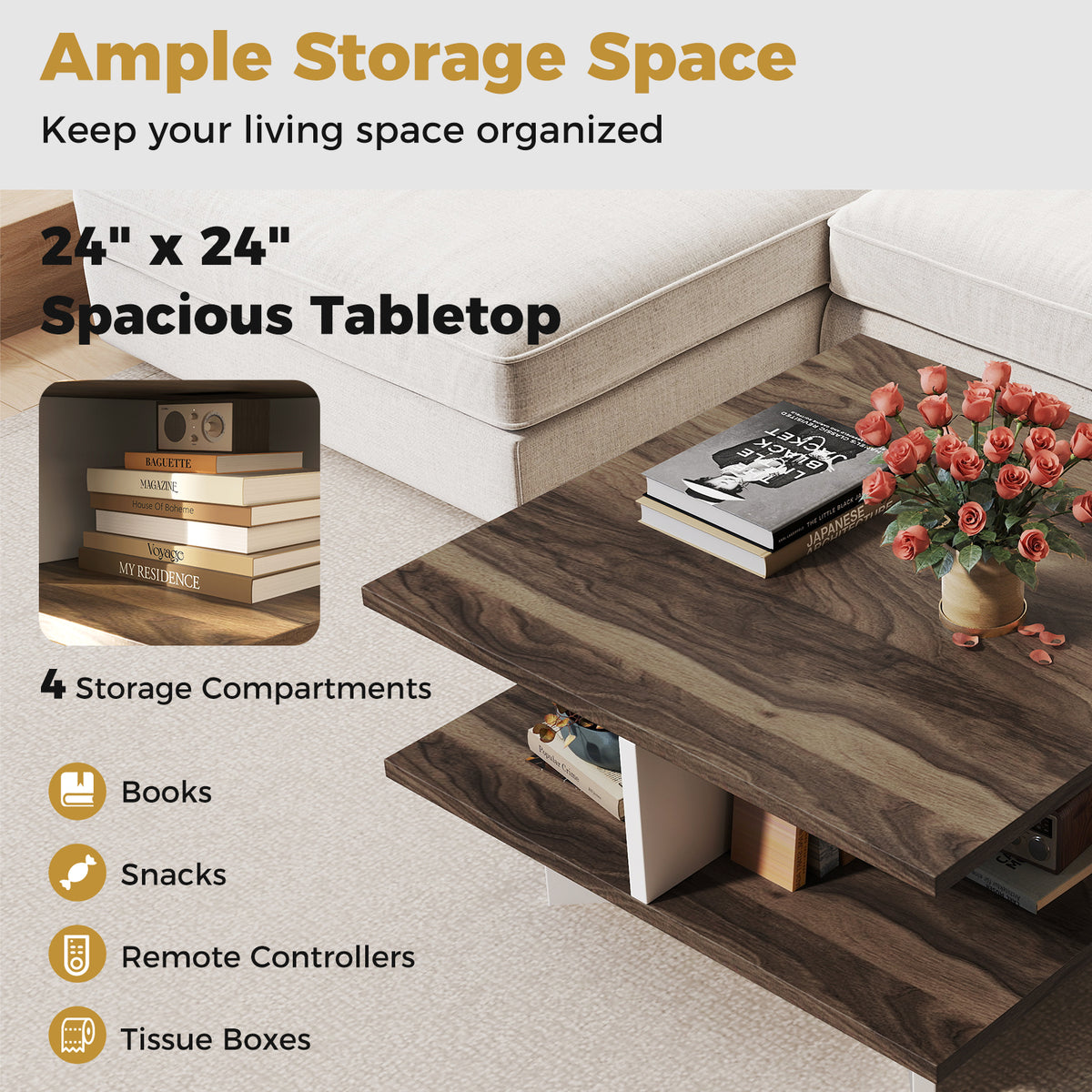 2-Tier Square Coffee Table with 4 Storage Compartments - Walnut