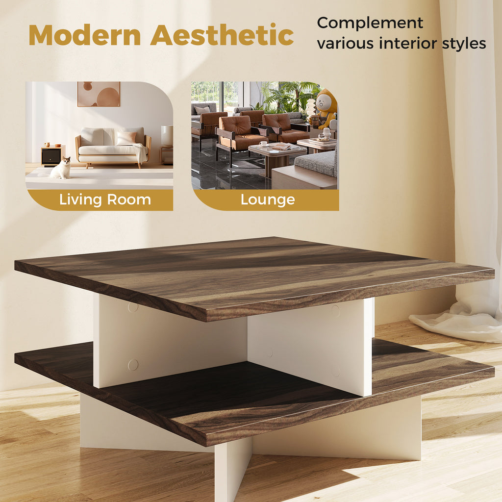 2-Tier Square Coffee Table with 4 Storage Compartments - Walnut