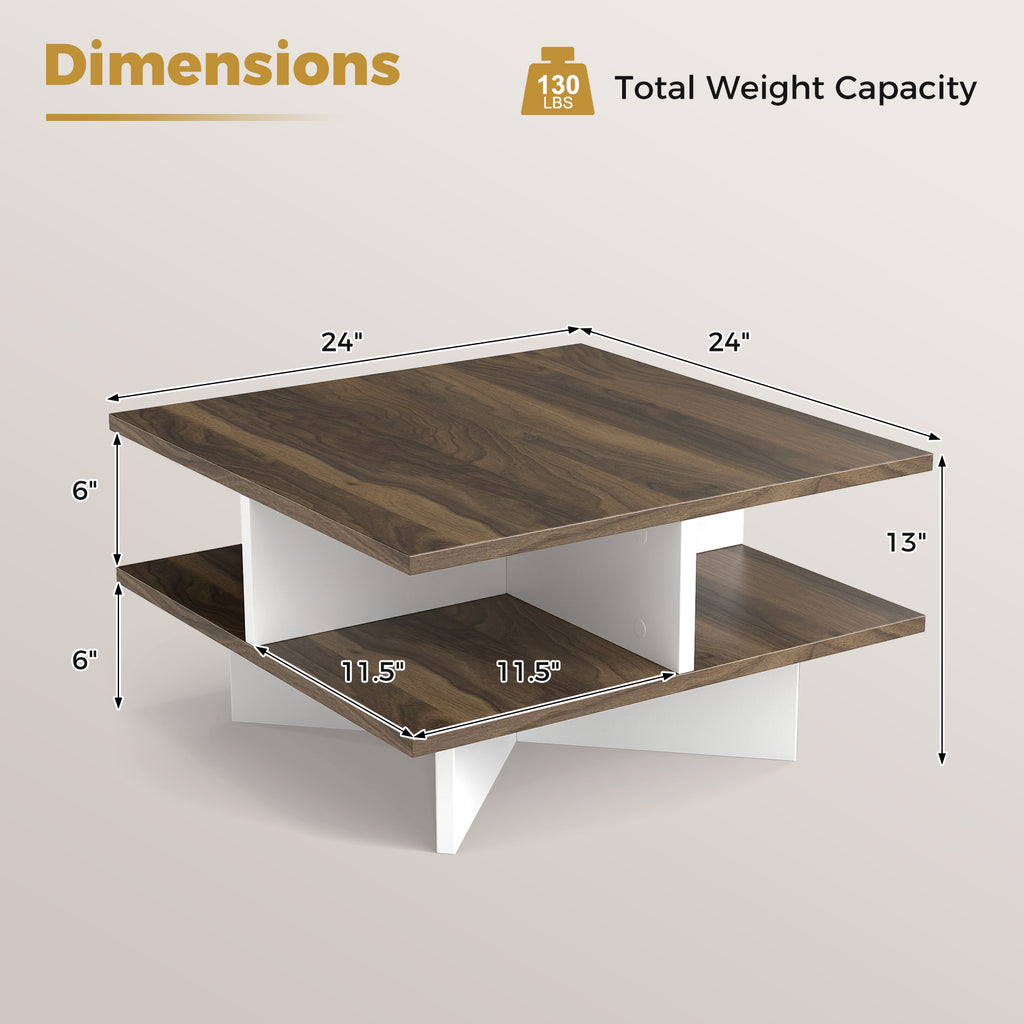 2-Tier Square Coffee Table with 4 Storage Compartments - Walnut