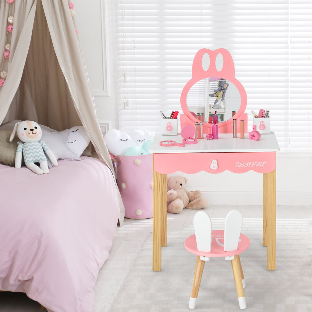 Kids Rabbit Vanity Table Chair Set with Mirror & Drawer - White