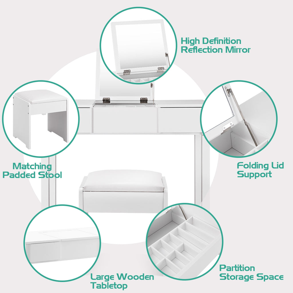 Makeup Vanity Dressing Table with Flip Top Mirror and Stool, White
