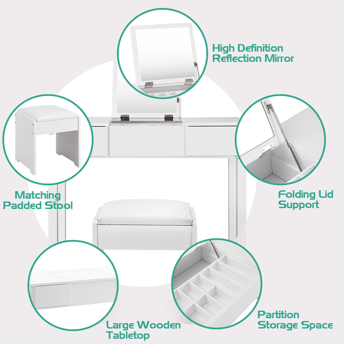 Makeup Vanity Dressing Table with Flip Top Mirror and Stool, White