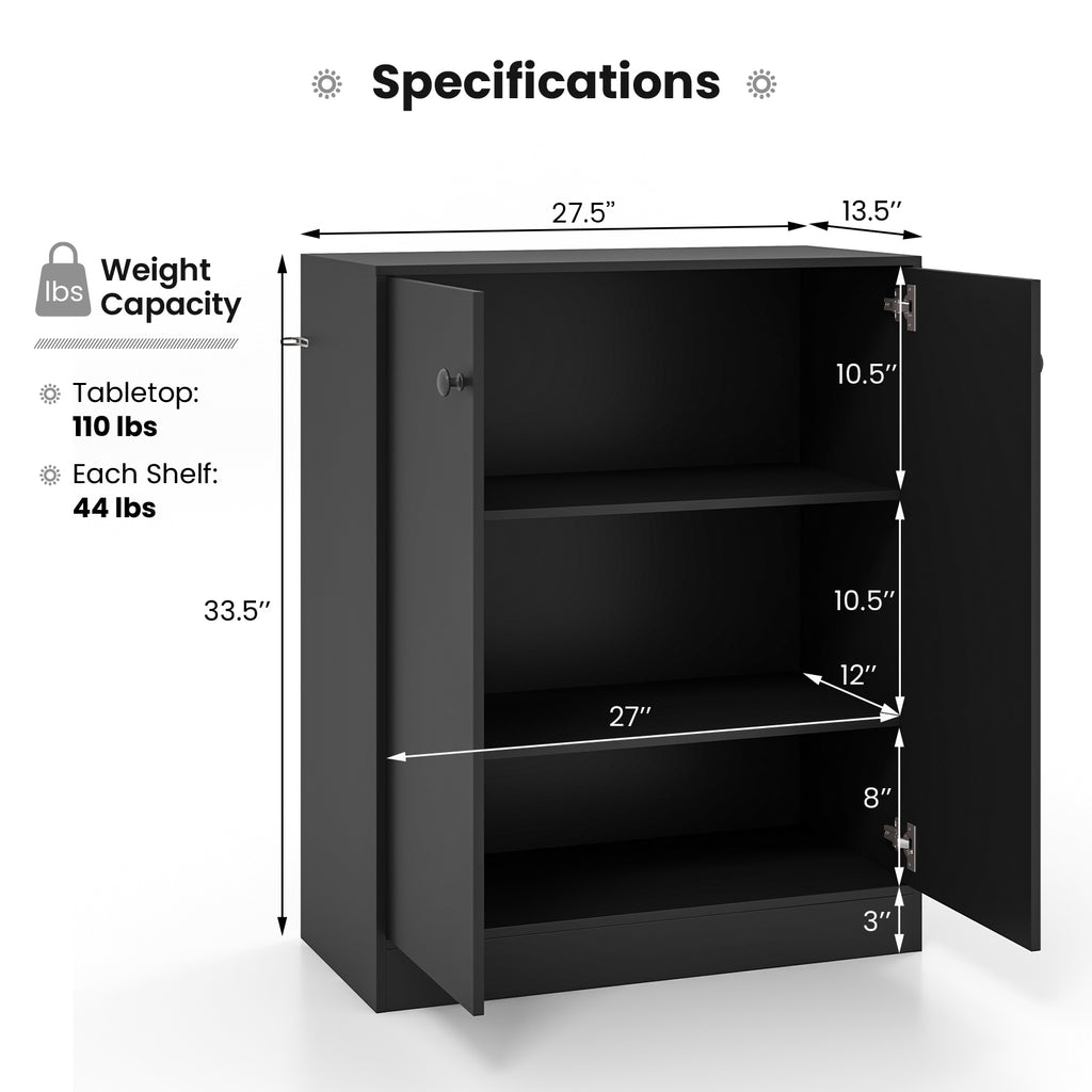 2-Door Modern Floor Storage Cabinet with 3-Tier Shelf - Black