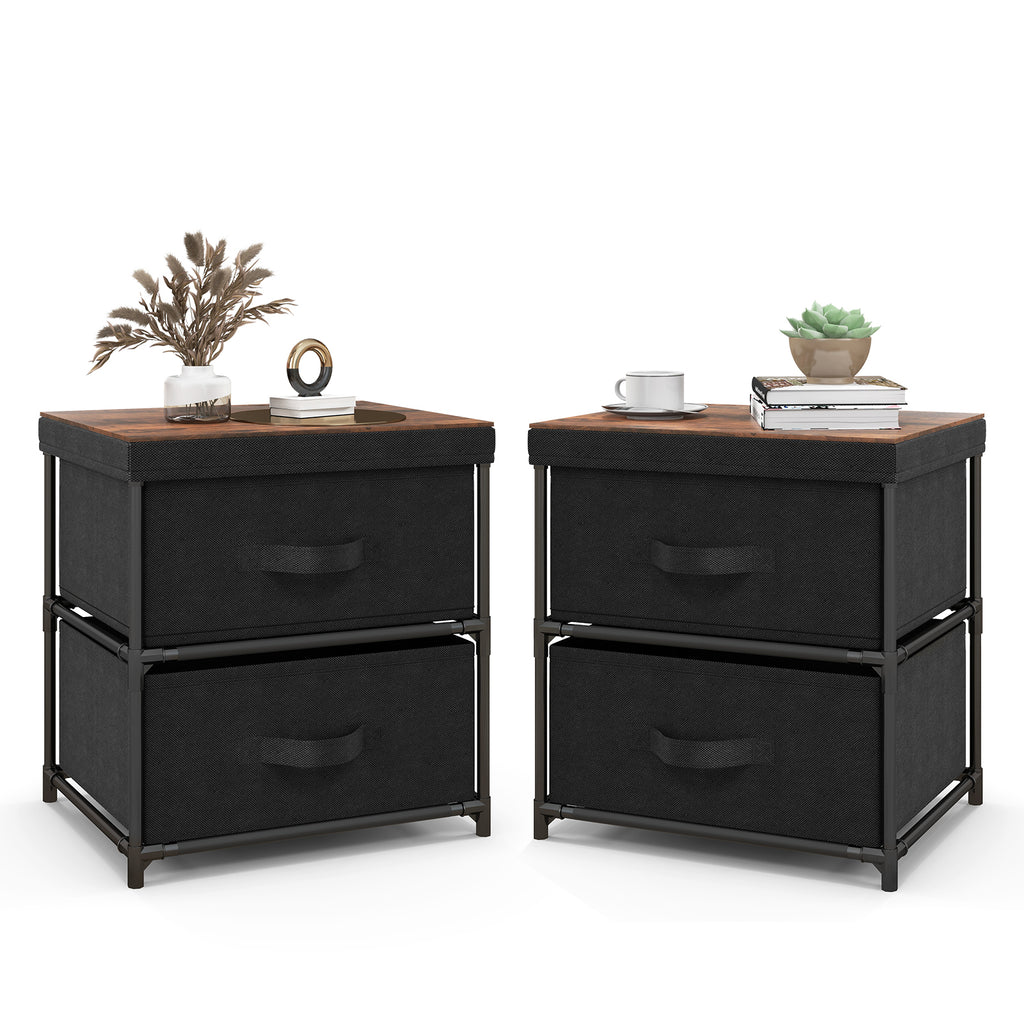 2-Drawer Nightstand with Removable Fabric Bins, Black - Set of 2