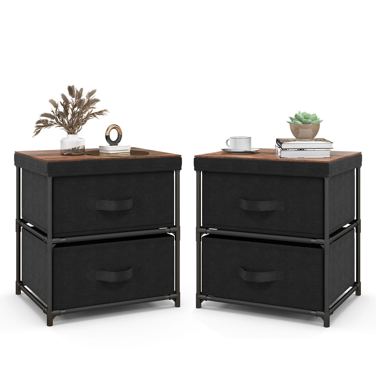 2-Drawer Nightstand with Removable Fabric Bins, Black - Set of 2