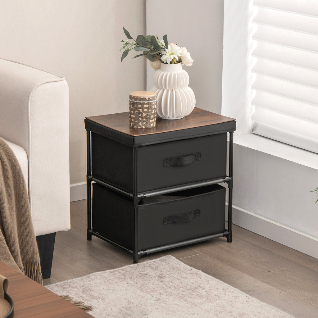 2-Drawer Nightstand with Removable Fabric Bins, Black - Set of 2
