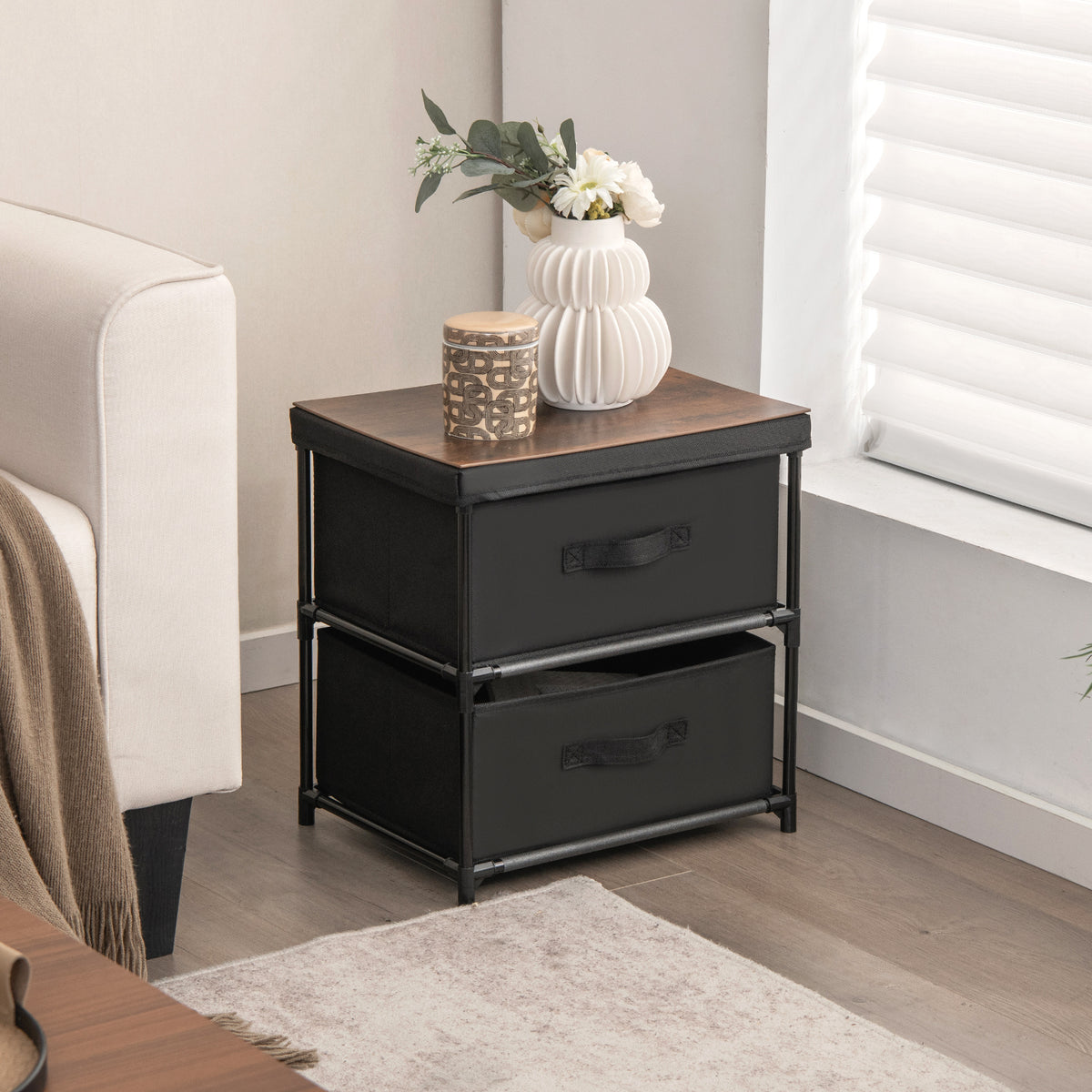 2-Drawer Nightstand with Removable Fabric Bins, Black - Set of 2